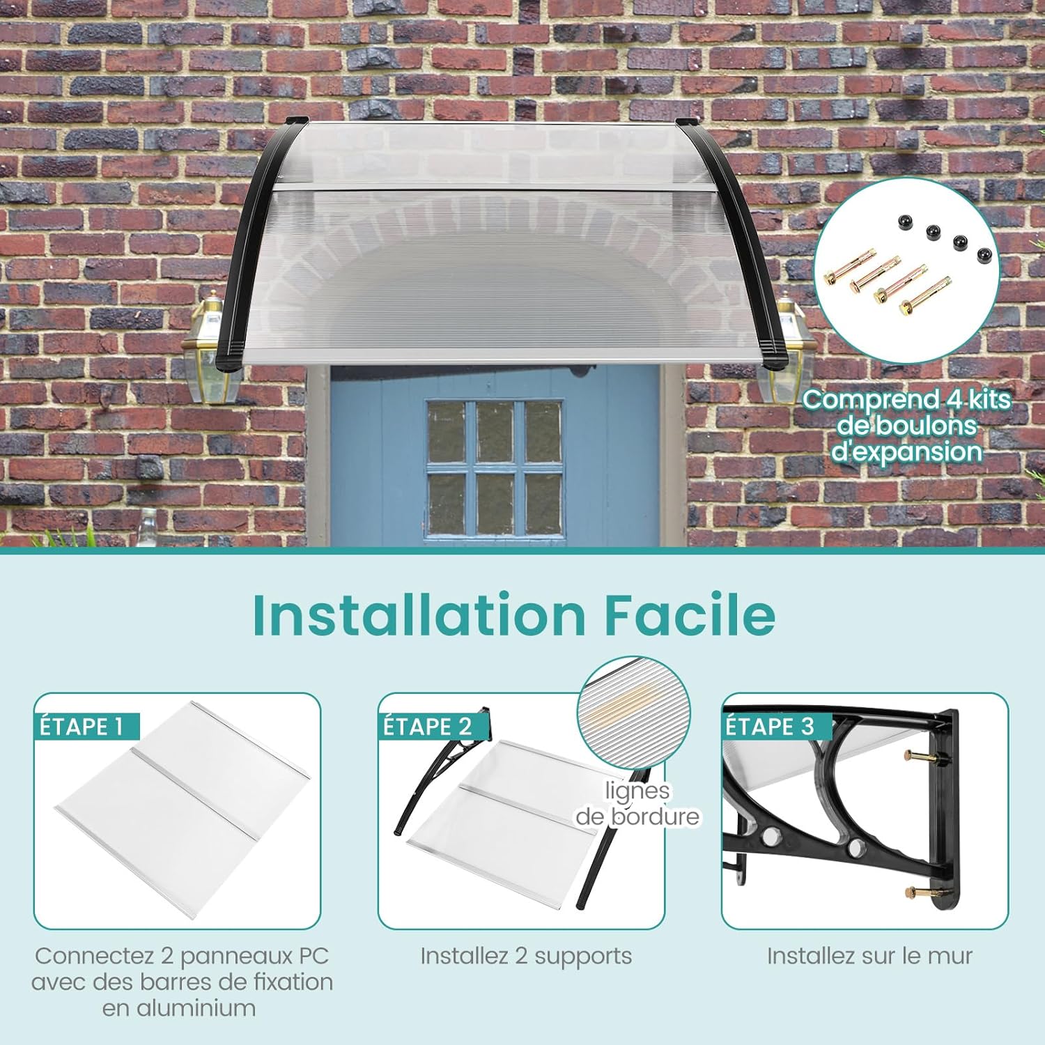 Toldo para porta de entrada 102 x 99 cm Proteção solar, marquise para porta e janela exterior Placa em policarbonato Proteção contra chuva - 7