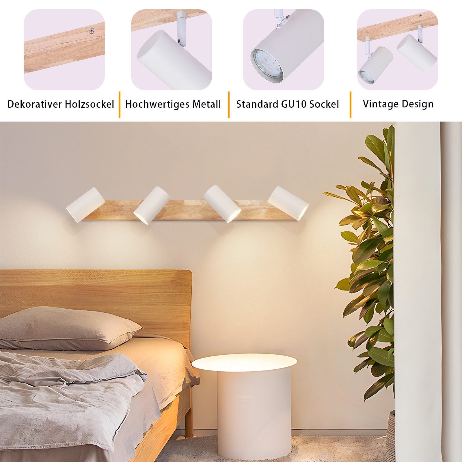 NETTLIFE Foco de techo 4 focos Lámpara de techo de madera blanca GU10 Vintage orientable 350° - 6