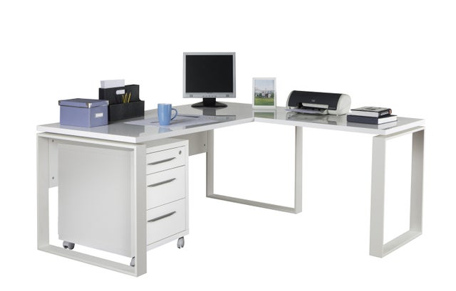 COMPOSAD | Scrivania Angolare e Cassettiera con 3 Cassetti e Serratura DISEGNO, Set 2 Mobili (LxAxP) 170x74,50x80+90 cm, Bianco Laccato, Made in Italy