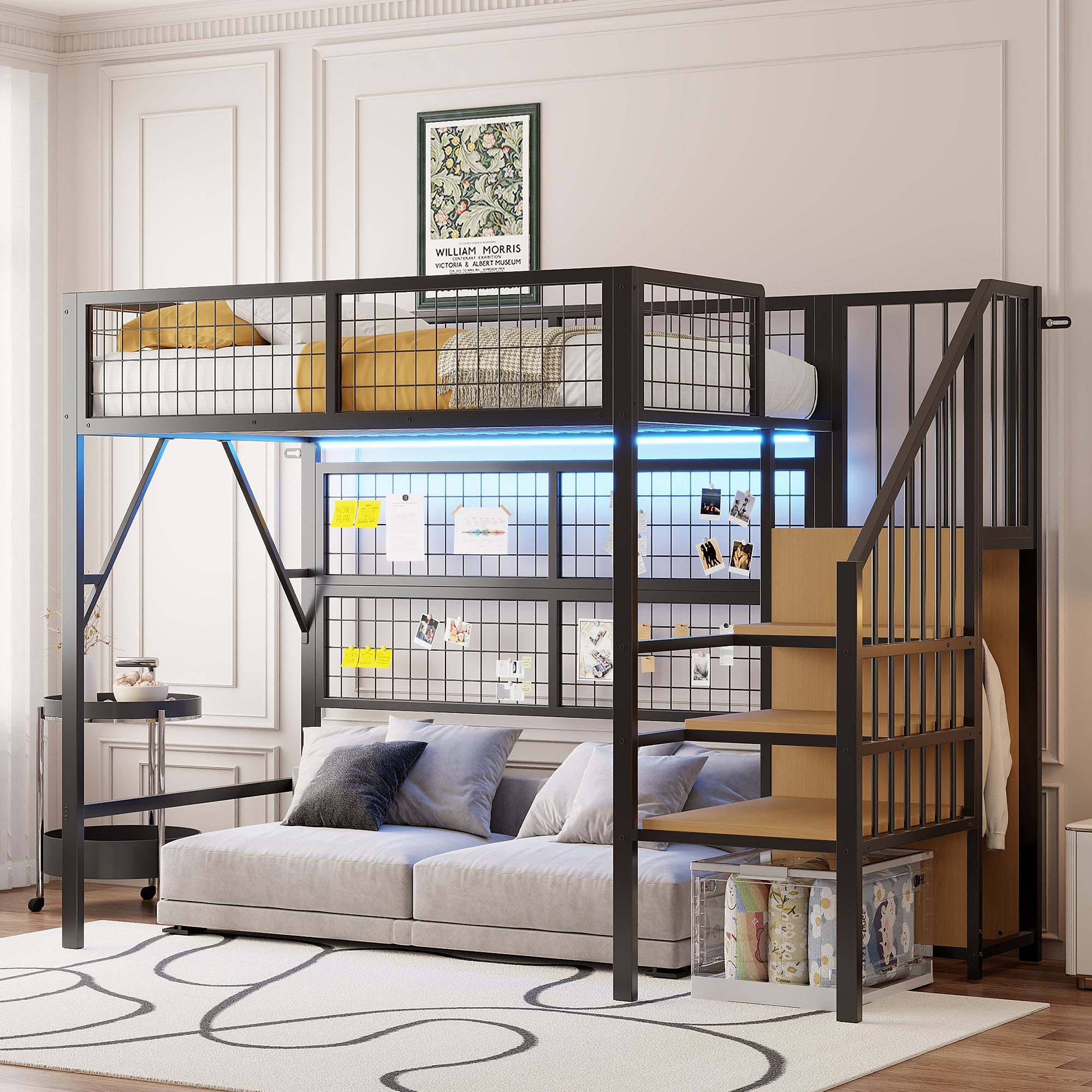 Łóżko Piętrowe Metalowe Czarne 90x200cm dla Dzieci i Młodzieży z Oświetleniem LED Sterowanym APP, Schodami z Schowkiem i Otwartą Szafą