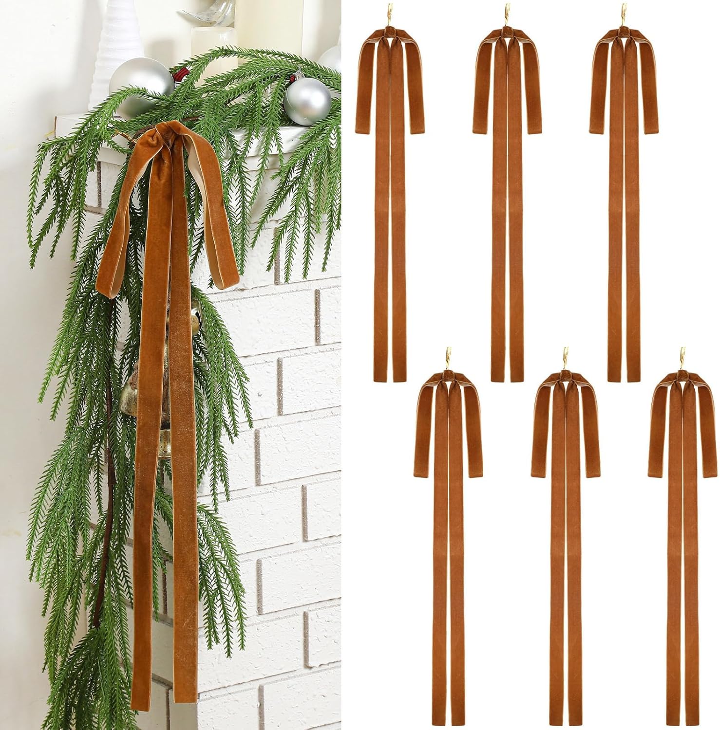Kokardy świąteczne, 6 szt. aksamitnych kokard na choinkę, 60×40 cm, duże kokardy świąteczne, kokarda choinkowa, dekoracja kokardowa ze wstążki (brązow