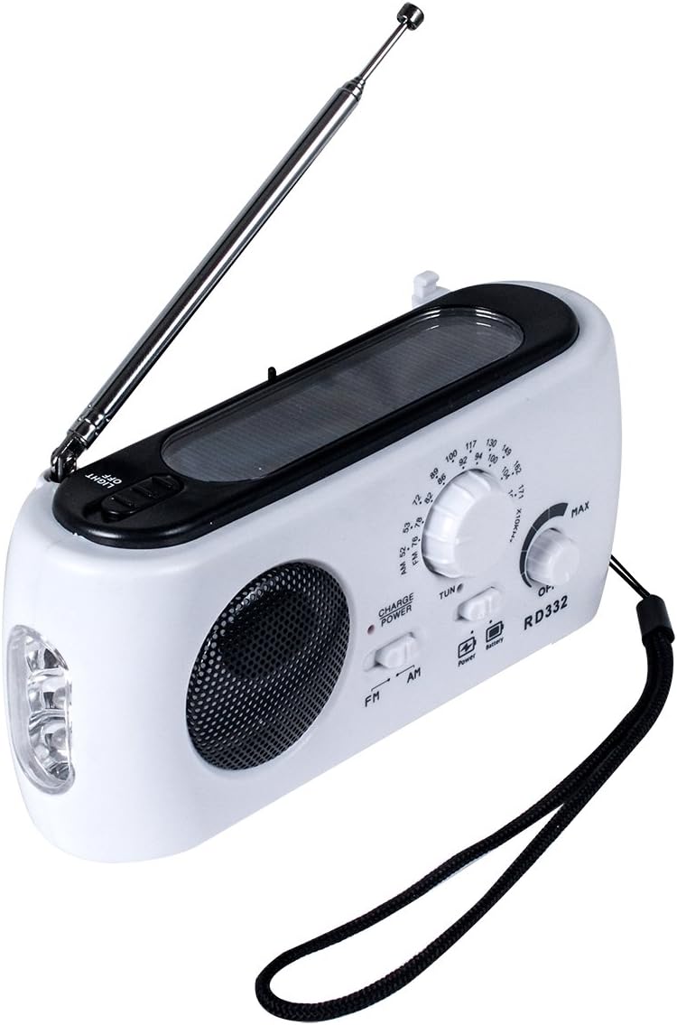 Radio survivalowe zasilane bateryjnie, radio AM/FM zasilane bateryjnie z latarką LED i ładowarką do telefonu awaryjnego, białe.