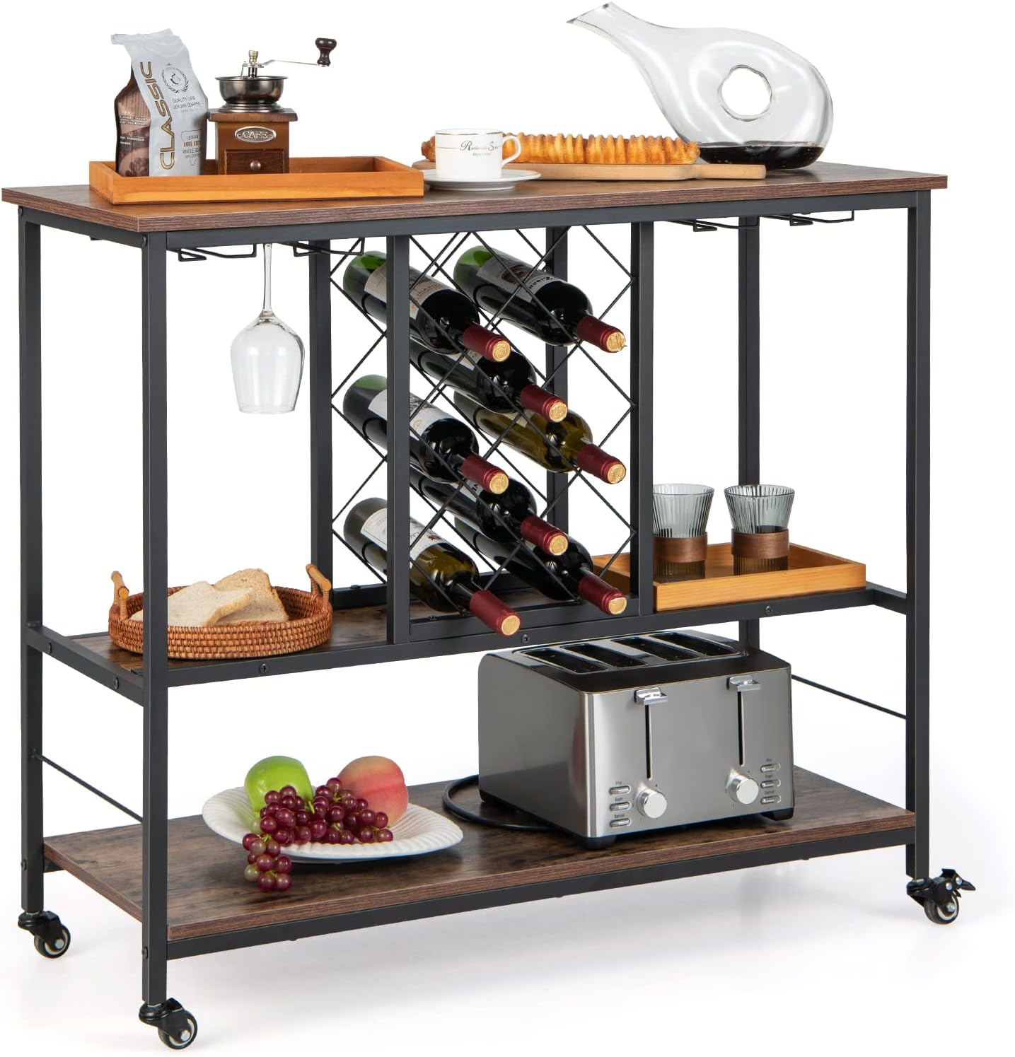 Chariot De Cuisine Industriel Noir à Roulettes Avec Porte-Bouteilles Marcola 86x40 Cm