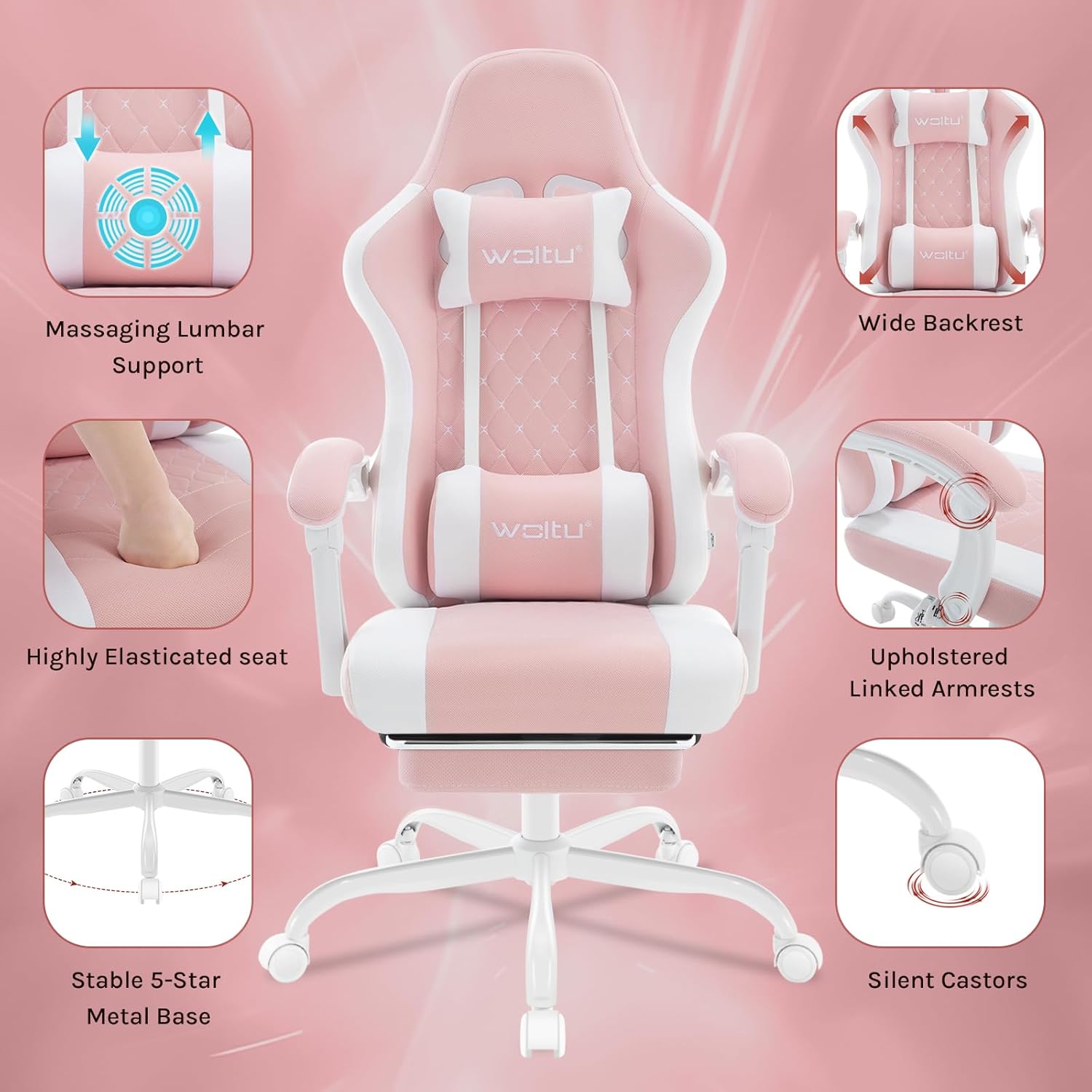 Chaise Gaming Massante WOLTU, Fauteuil Gamer, avec Coussin à Ressorts, Soutien Lombaire Massant, Appui-tête, Repose-Pieds,Tissu Maille, Rose+Blanc - 5
