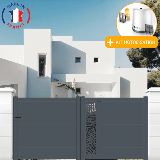 Portail aluminium coulissant découpe laser en kit + Motorisation dimensions L.4000 (entre piliers) X H.1500 mm Couleurs Gris (RAL 7016)
