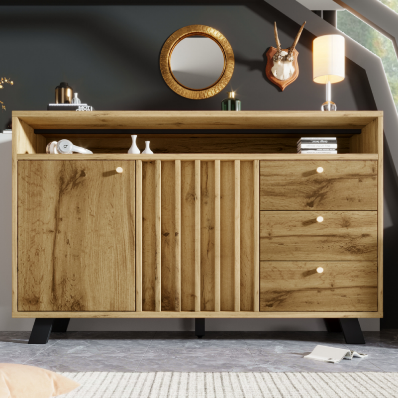 Aparador cómoda con 3 cajones y 2 puertas, 120an x 40pr x 85al cm, roble oscuro