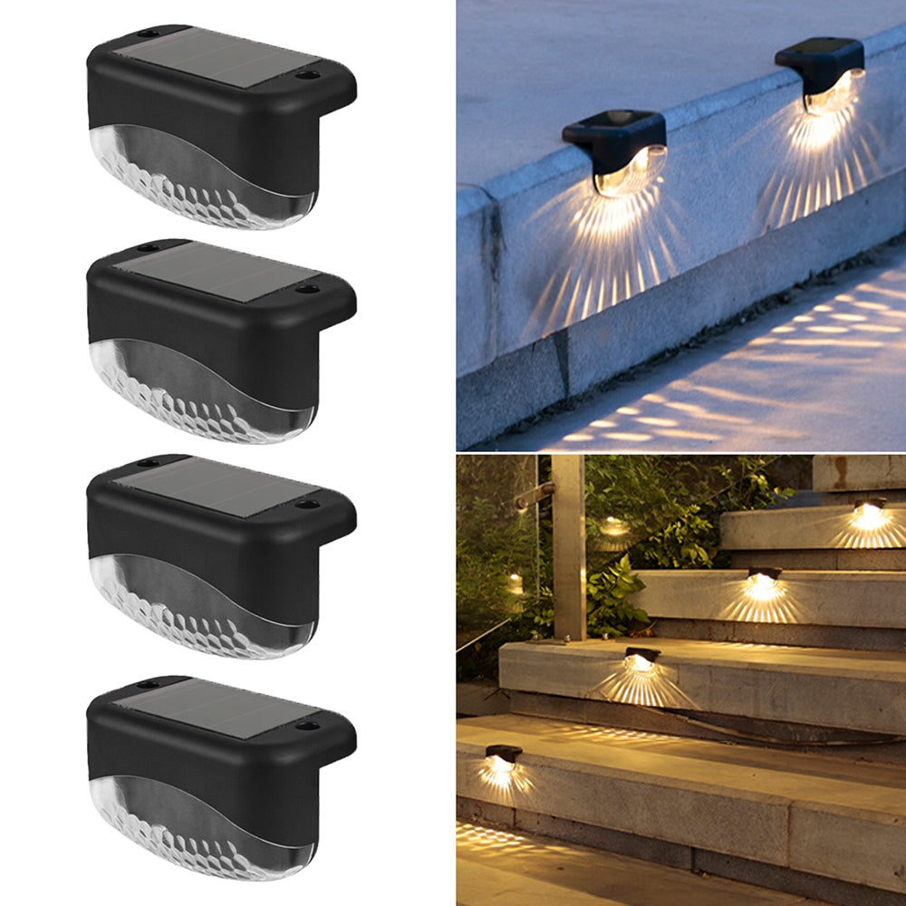 Zestaw 4 lamp solarnych, lampki schodowe, zewnętrzne kinkiety, zewnętrzne lampy solarne, lampy LED, ciepłe światło