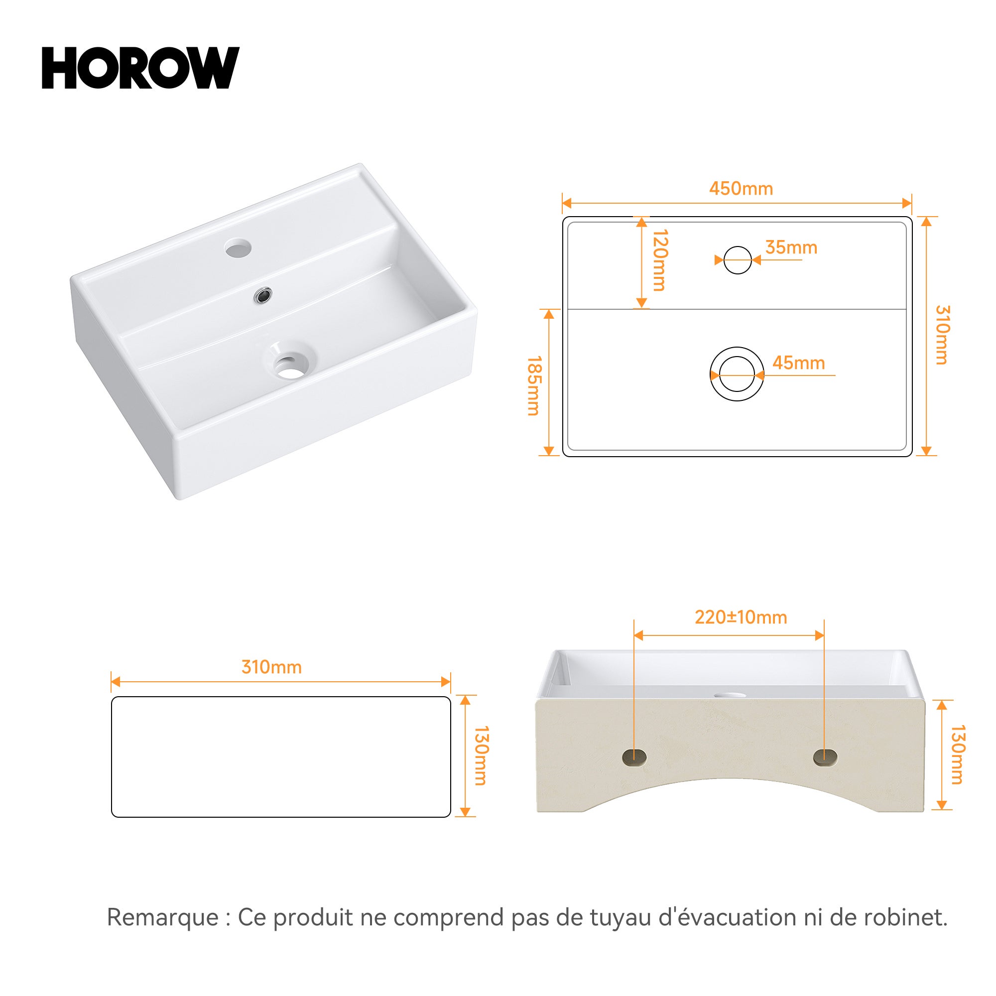Lavabo en céramique, carré mural, vasque invité, vasque murale ou à poser avec trou pour robinet et trop-plein, 45 x 31 x 13,5 cm HOROW - 8