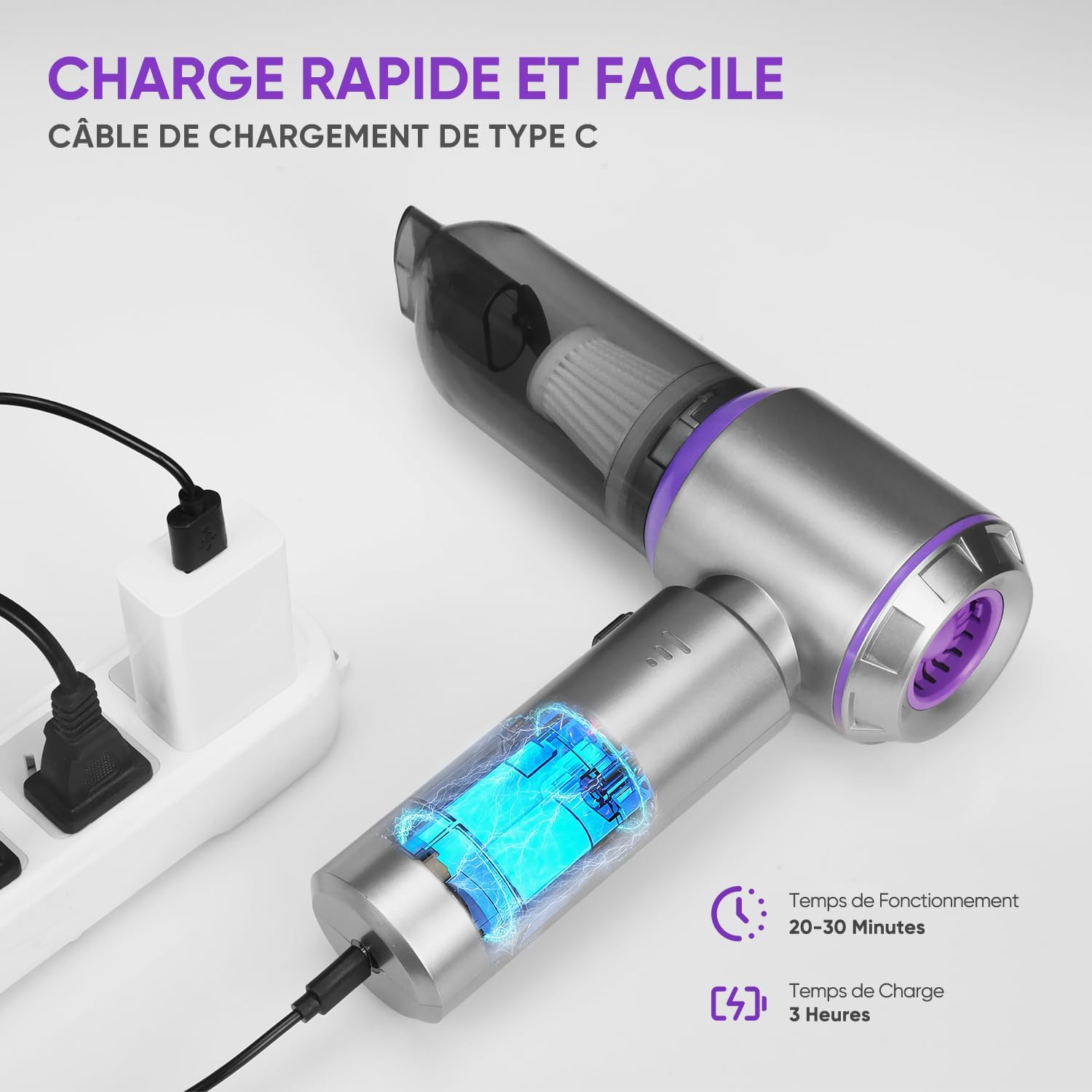 Aspirateur de voiture puissant, 16&nbsp;000 PA, 4 en 1, 3 vitesses, avec filtre HEPA, mini sans fil - 7