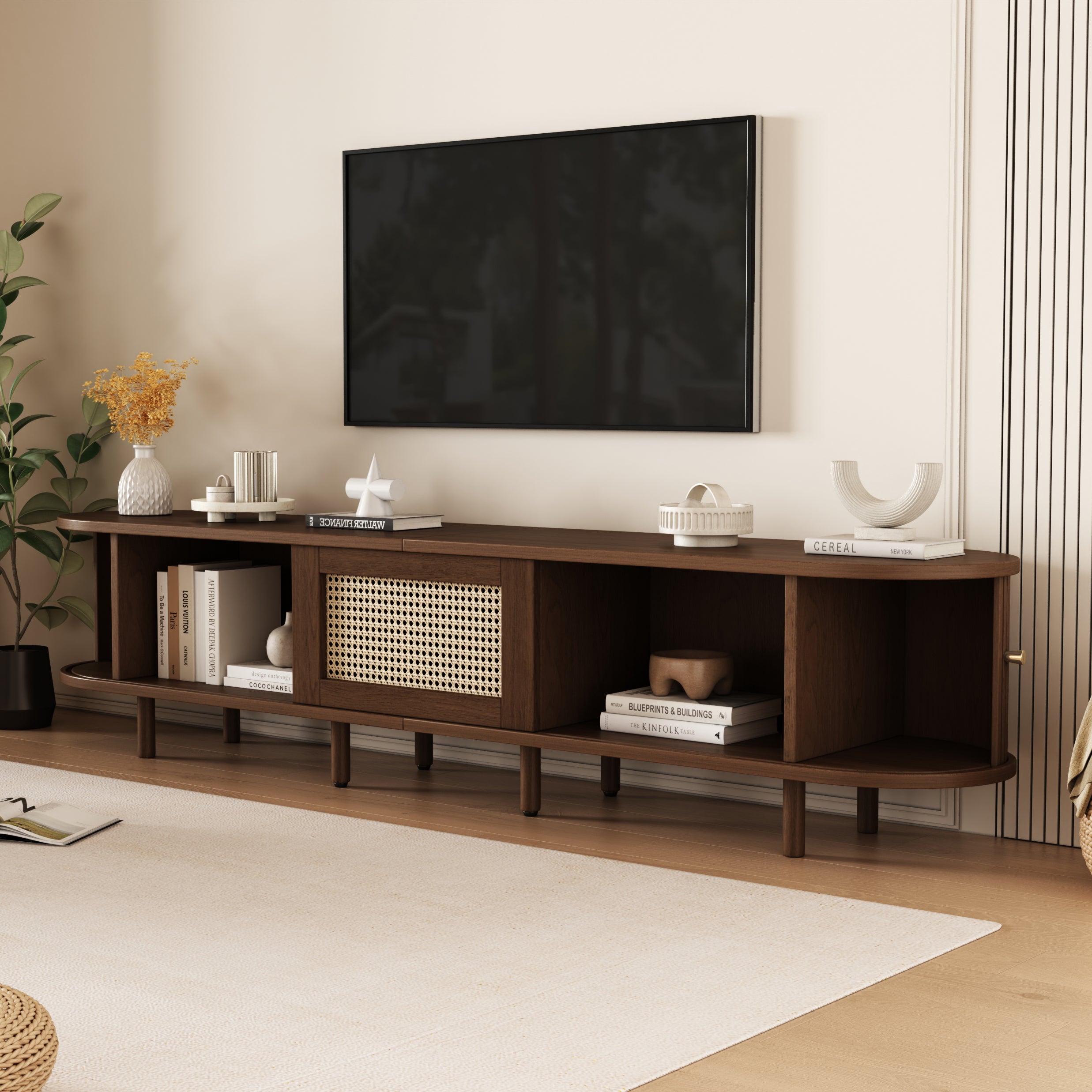 Owalna szafka RTV z 2 drzwiami przesuwnymi i 1 szufladą rattanową - 180 x 40 x 40 cm - drewno MDF - ciemny orzech - 6