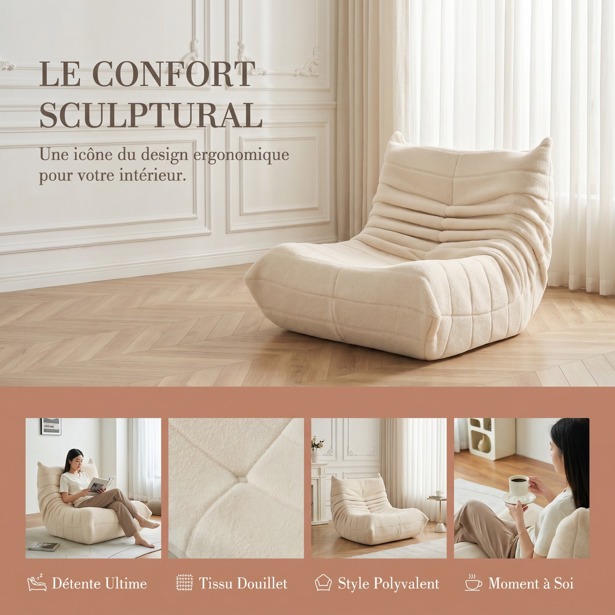 Pouf géant - Canapé de sol avec dossier - Fauteuil de lecture d'intérieur confortable XXL - Pour salon et chambre à coucher - 86 x 105 x 75 cm - Beige - 4