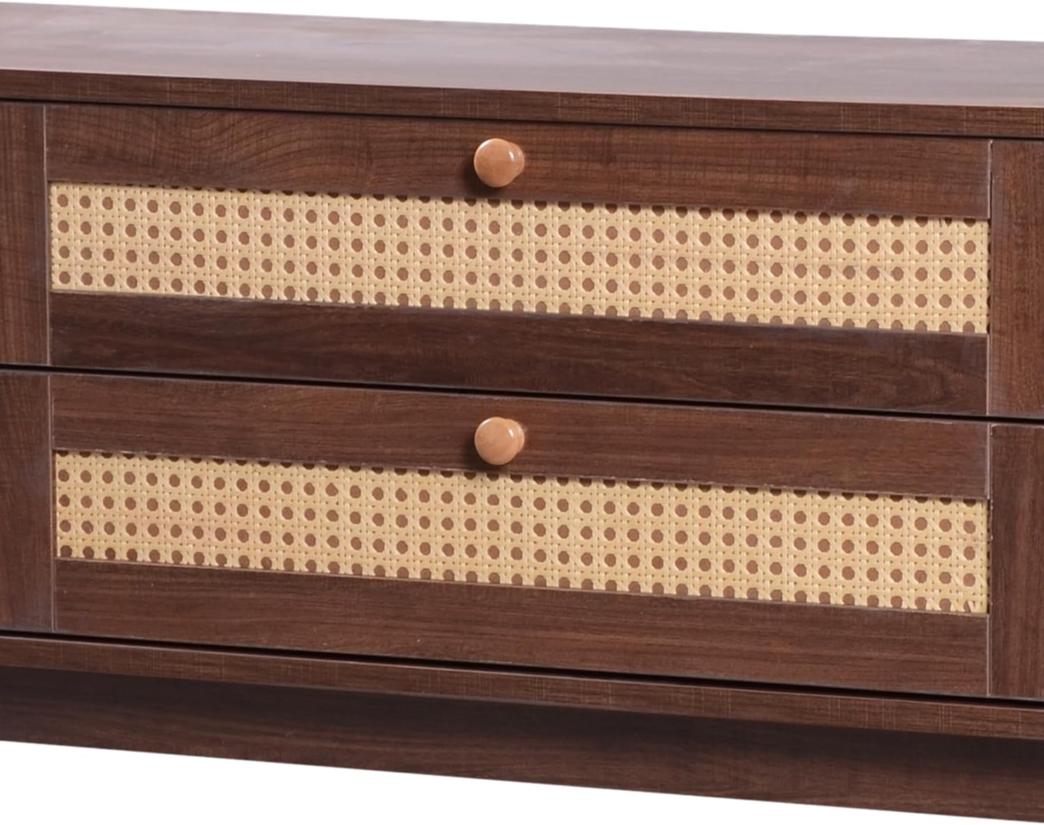 Meuble TV 170 cm en Bois Massif et Rotin, Meuble TV Bas avec 2 tiroirs et 2 portes coulissantes - Marron - 6