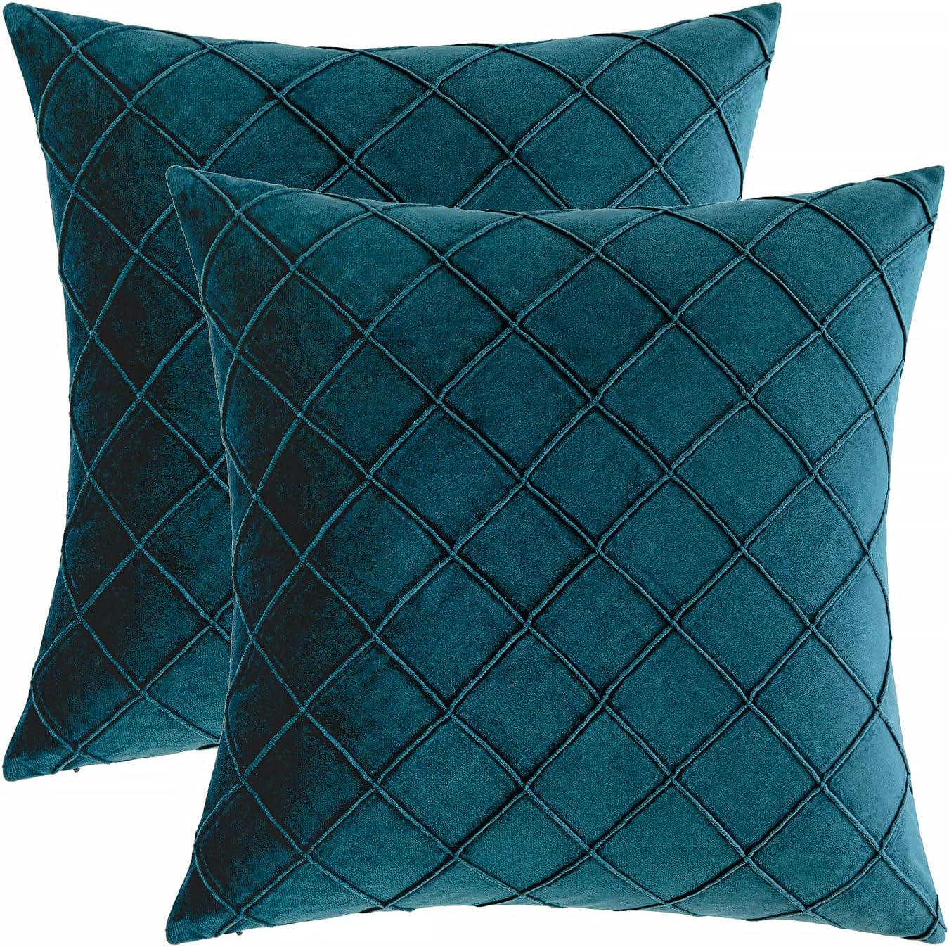 Lot de 2 housses de coussin en velours, motif quadrillé saillant, style européen, 42x42 cm, bleu-vert, pour canapé, chambre. - 2