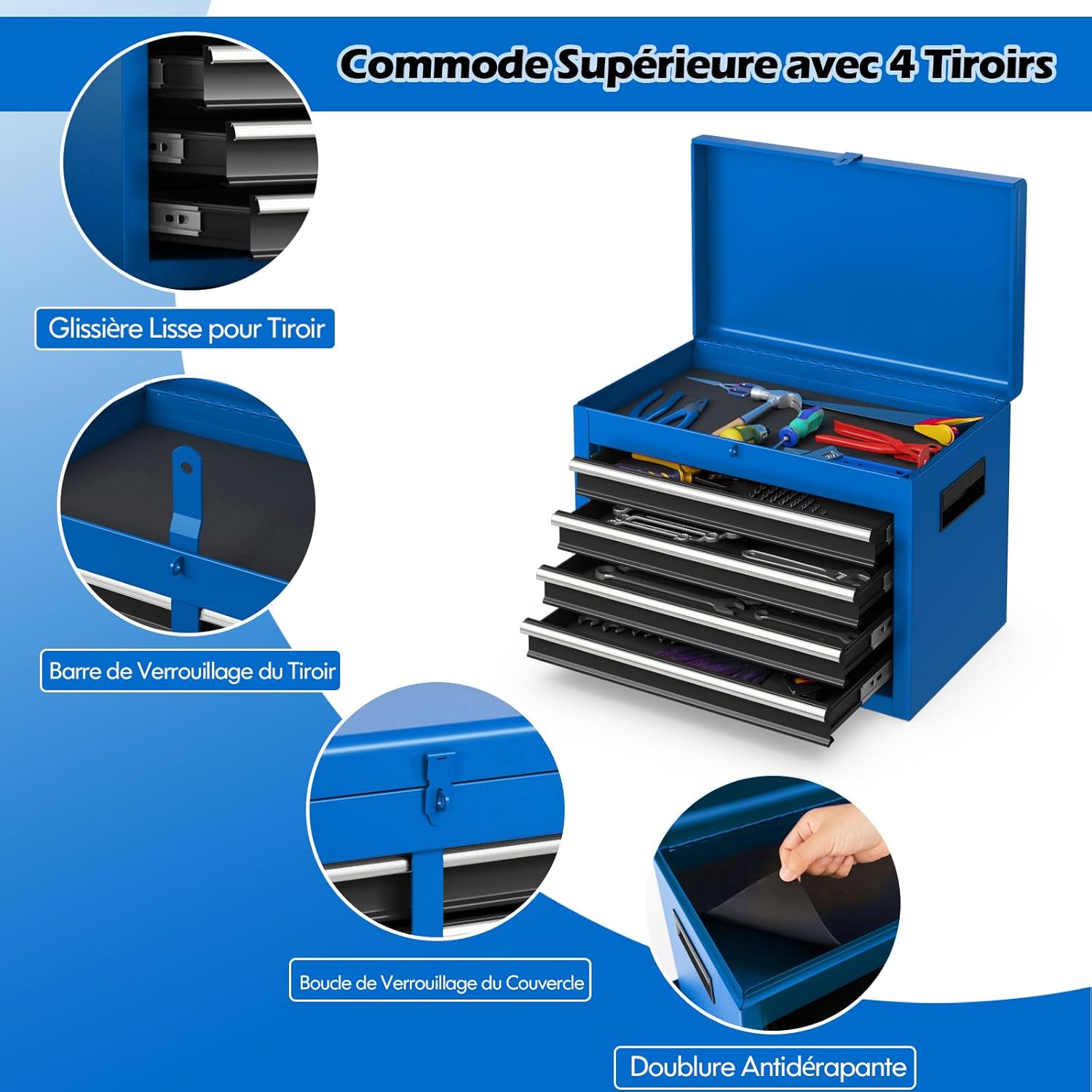 Servante Porte Outils à Tiroirs et Armoire de Rangement, Caisse à Outils Verrouillables Étagère Réglable Doublure, pour Garage Atelier (Bleu) - 3