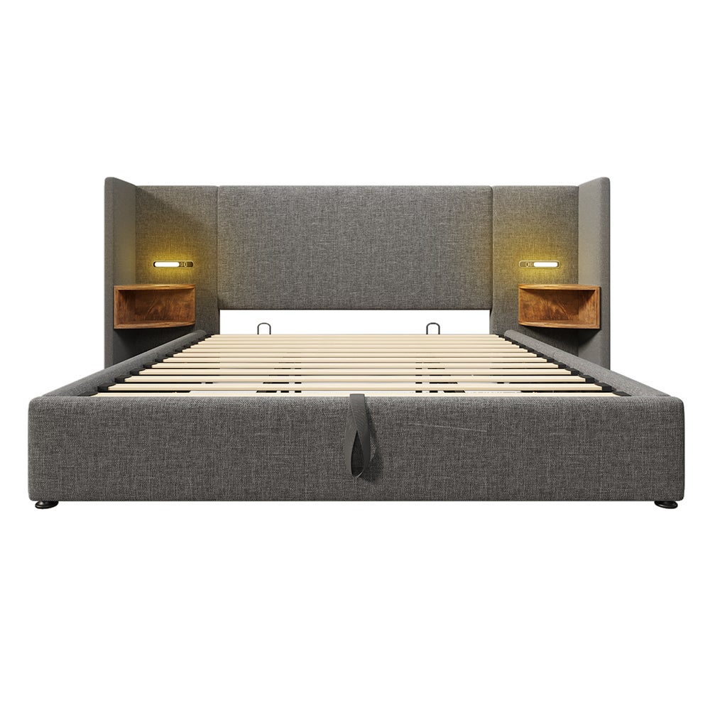 Lit double capitonné (180 x 200) avec tête de lit, liseuse et chargeur USB Type-C, cadre en bois massif et métal, gris, lin (matelas non inclus). - 5