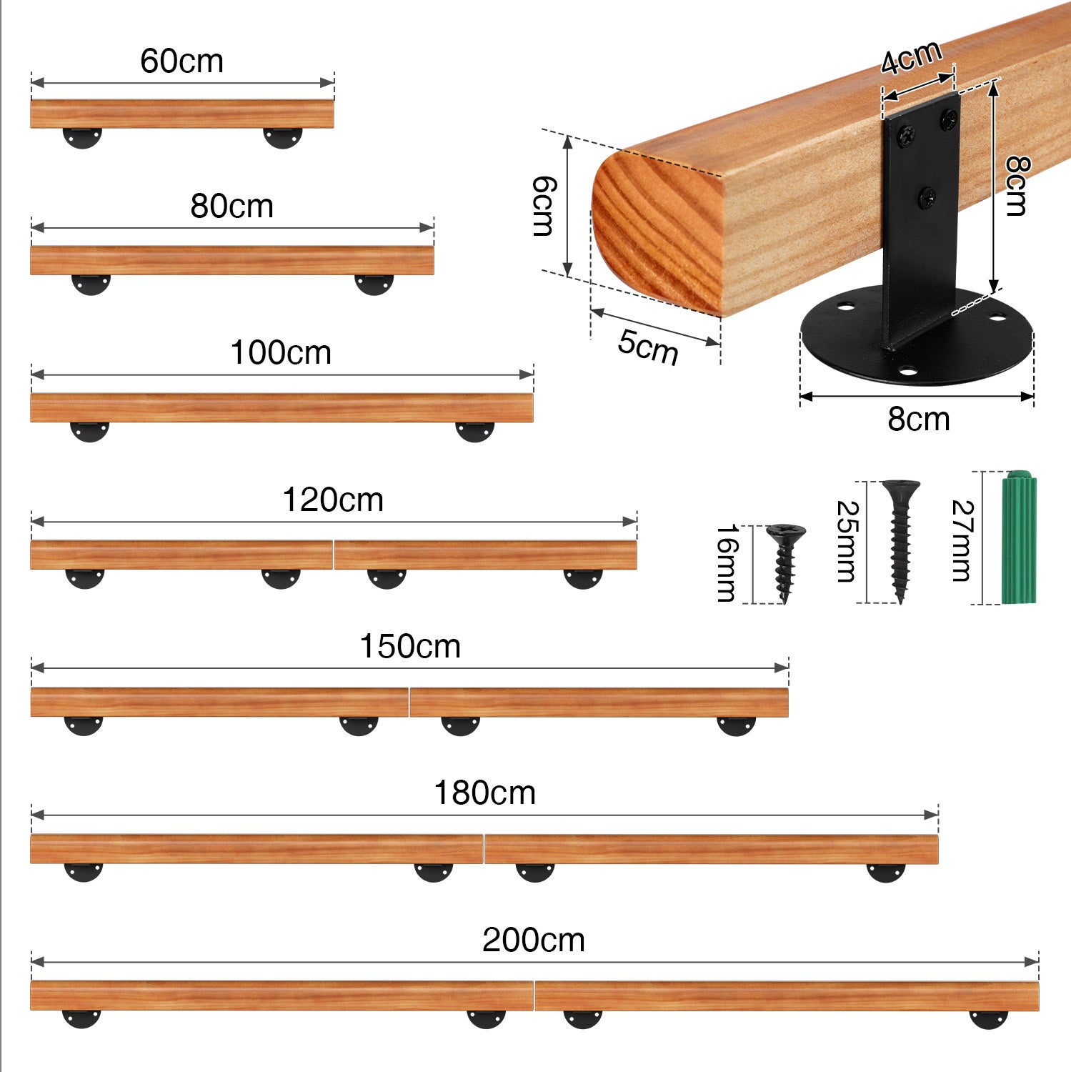 Main courante en hêtre Support tubulaire Garde-corps 180 cm de diamètre Kit pour cave - 2