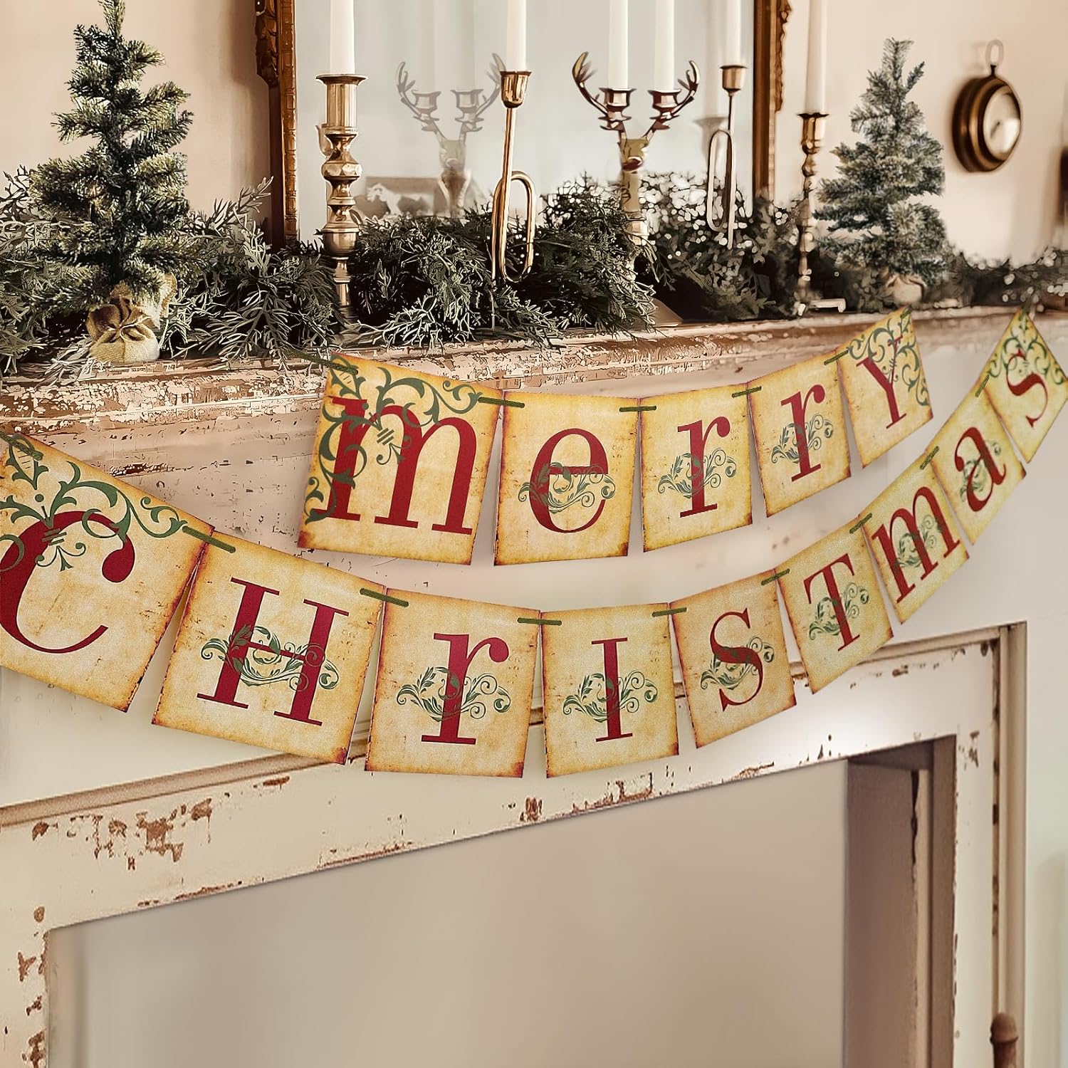Striscione Natalizio Vintage Con Pupazzo Di Neve, Babbo Natale E Renna - Bandierine In Cartone Per Camino, Parete E Albero, Decorazioni Fai Da Te