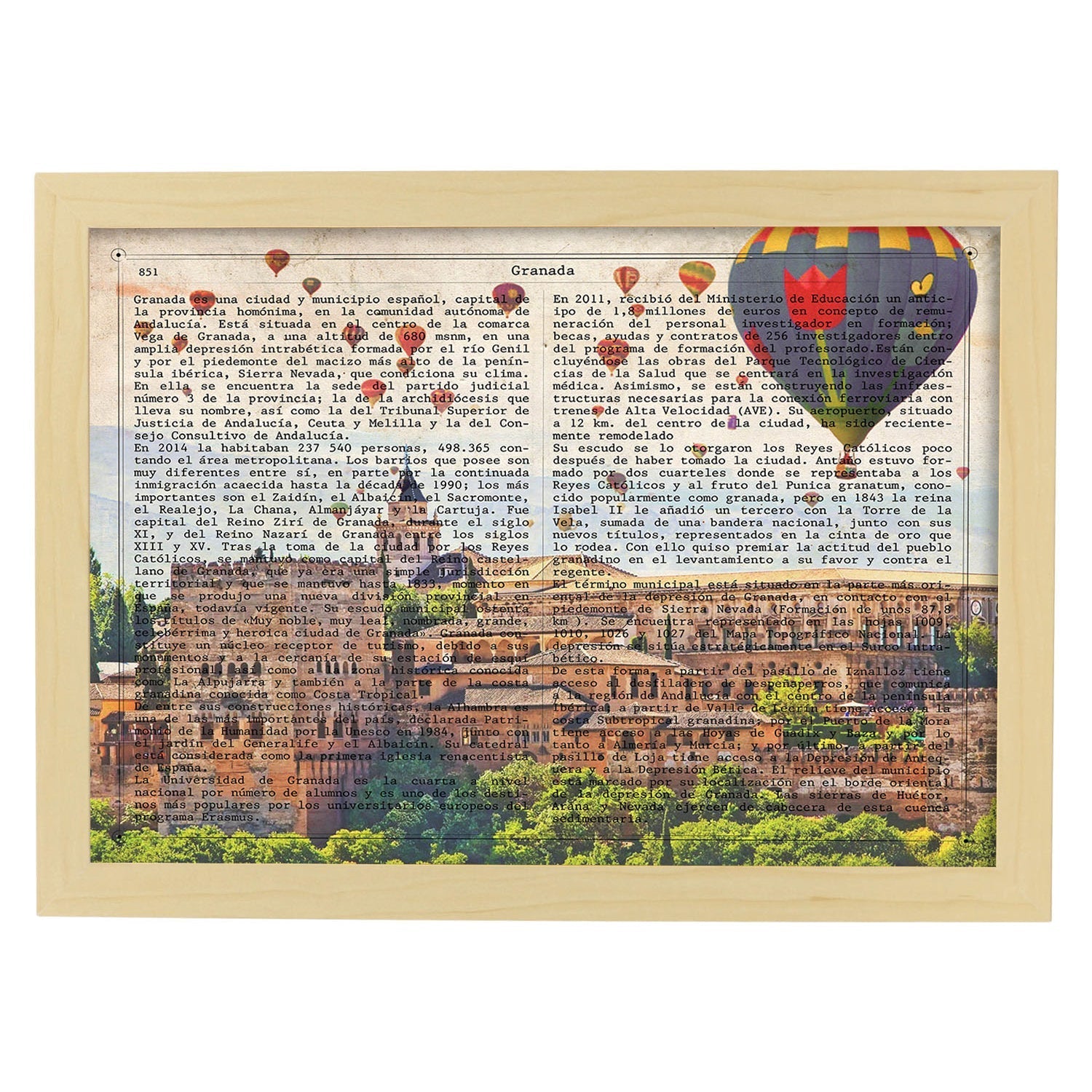 Lamina ciudad de granada. estilo vintage. ilustracion, fotografia y collage con la historia de granada. marco negro - a3