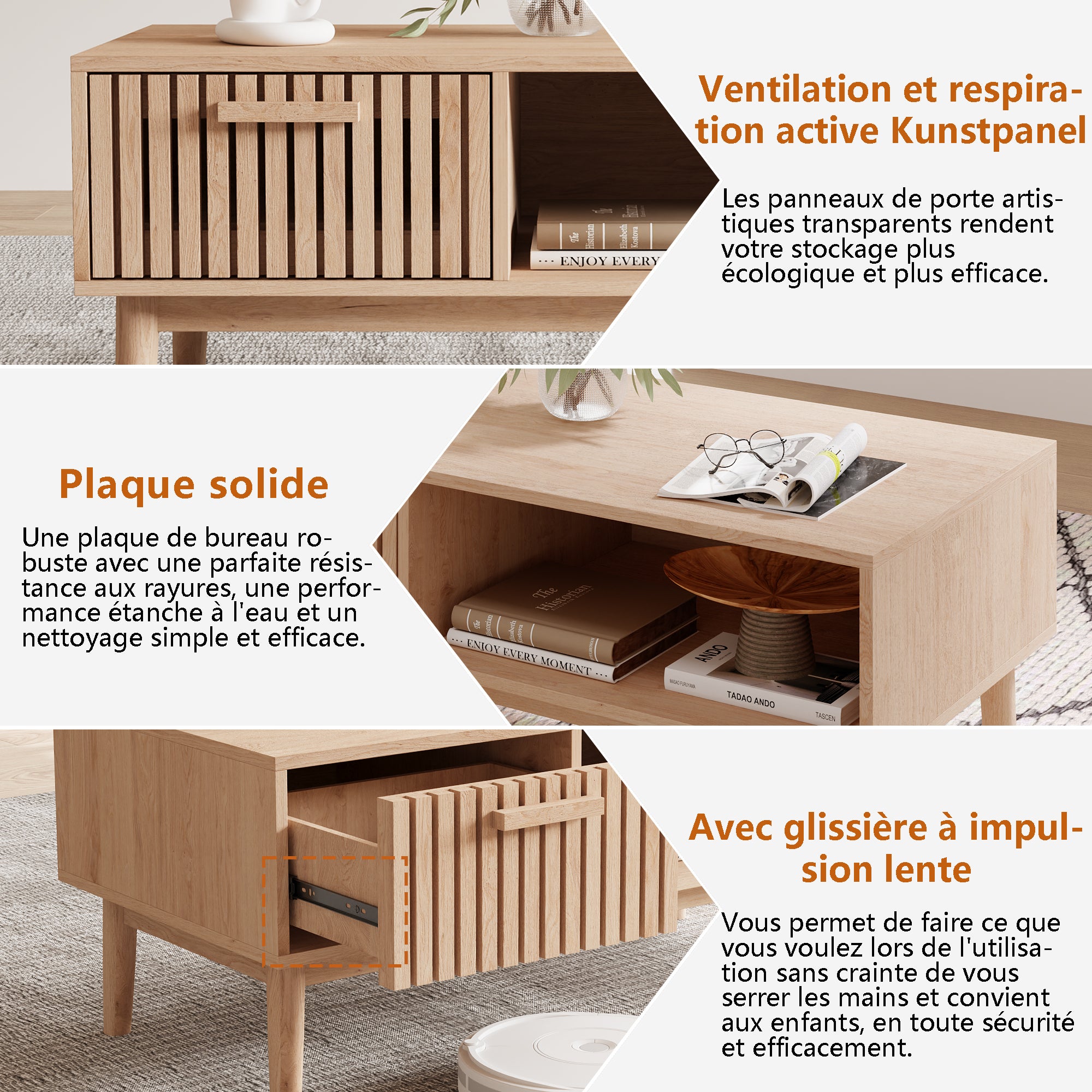 Table basse rectangulaire avec 1 tiroirs, finition bois, Antidérapant pieds en bois massif, poignées, L.100 x l.50 x H.43 cm, couleur bois naturel - 4