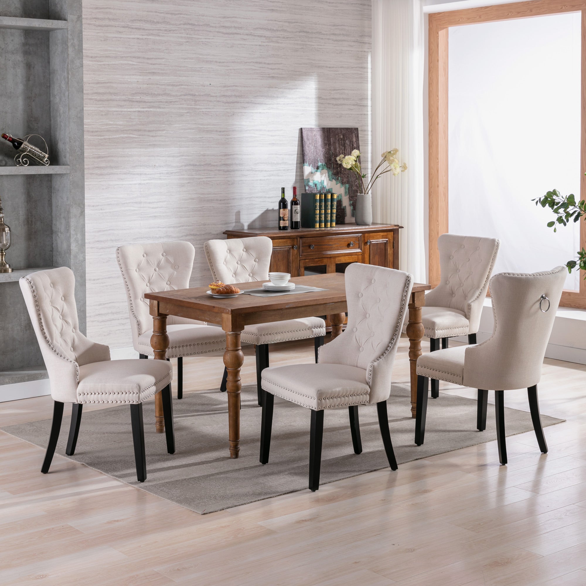 Chaise salle à manger Ultra Side en tissu épais avec pieds bois massif tons neutres et tête de clou bronze - Lot de 2 - Gris - Maison