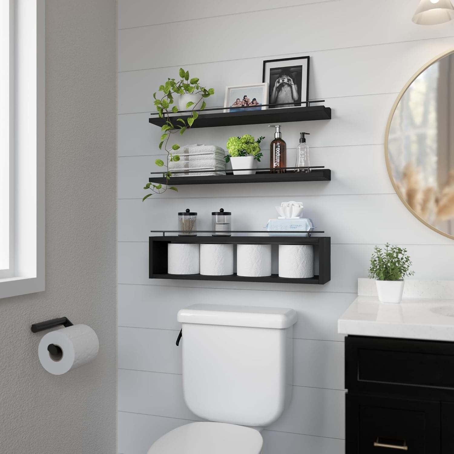 Shario Set di 2 mensole galleggianti bianche da parete, con portasciugamani nero, mensole decorative per bagno, cucina, soggiorno e camera da letto