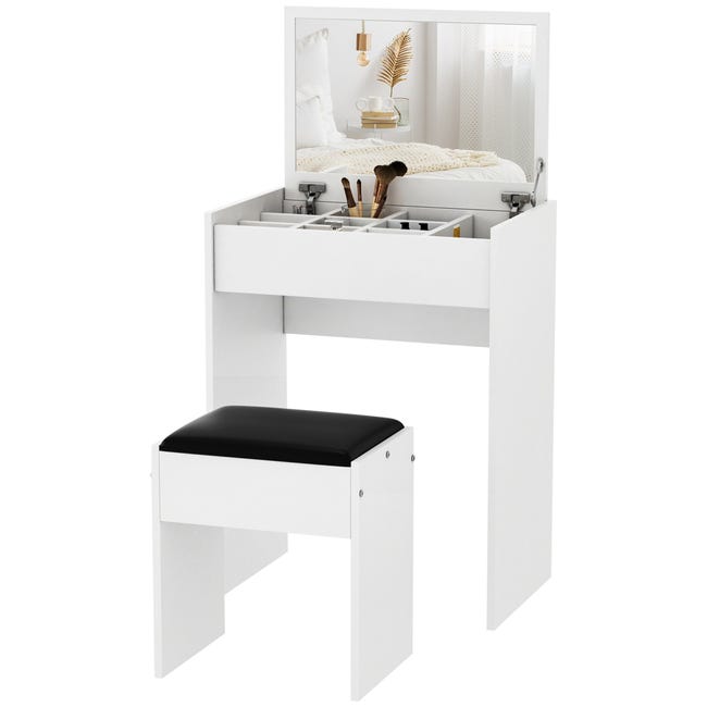 HOMCOM Toeletta Con Specchio Ribaltabile E Sgabello Imbottito - Scrivania Con Contenitore - Legno Effetto Venatura