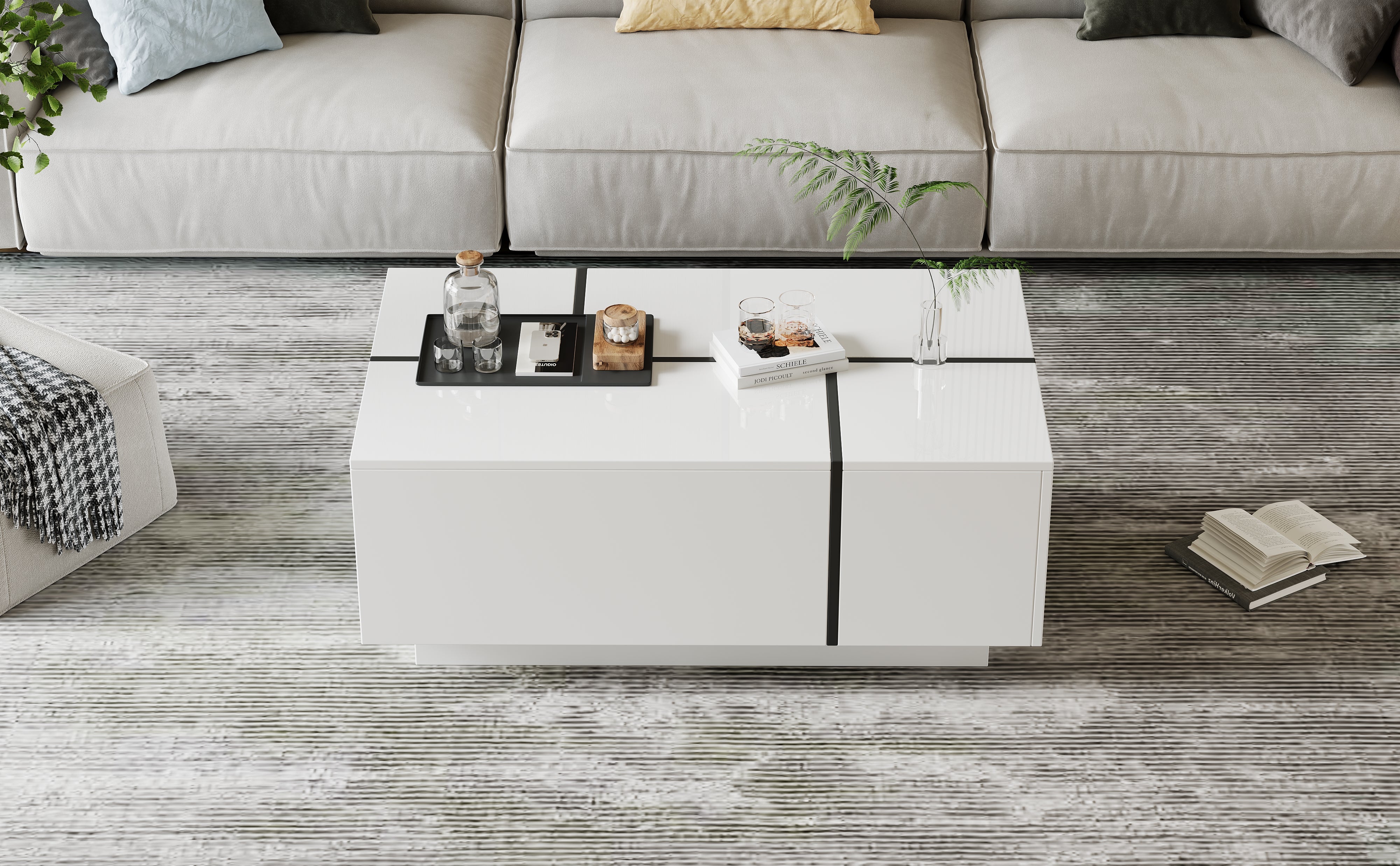 Table basse avec 4 tiroirs et 2 plateaux coulissantes - 100 x 60 x 40 cm - Panneau de particules - Blanc - 5
