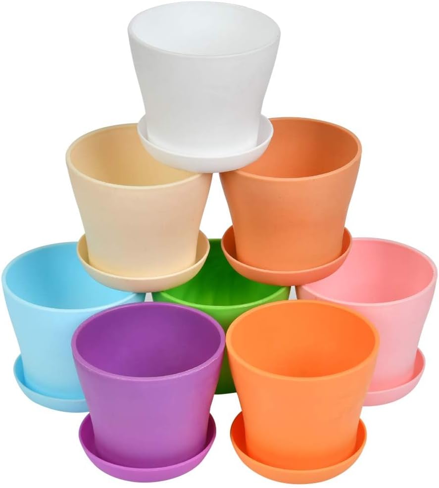 Pot de fleurs en plastique coloré 8 pièces avec bac d'égouttage Pot de fleurs d'intérieur avec plateau (14 cm) - 5