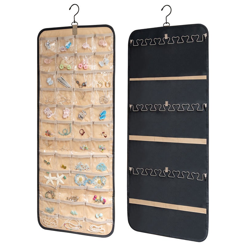 Organisateur De Bijoux Double Face à Suspendre - 48 Poches Transparentes + Crochets Colliers, Rotatif 360°