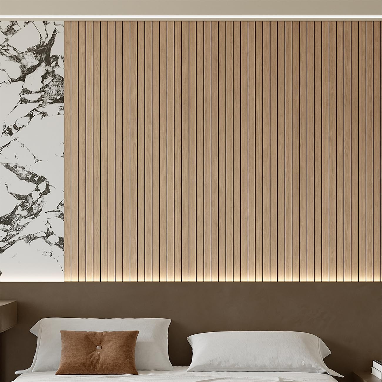 Panneau mural PVC 300 x 60 cm, autocollant, imitation chêne, insonorisant, pour murs et plafonds, marron naturel. - 3
