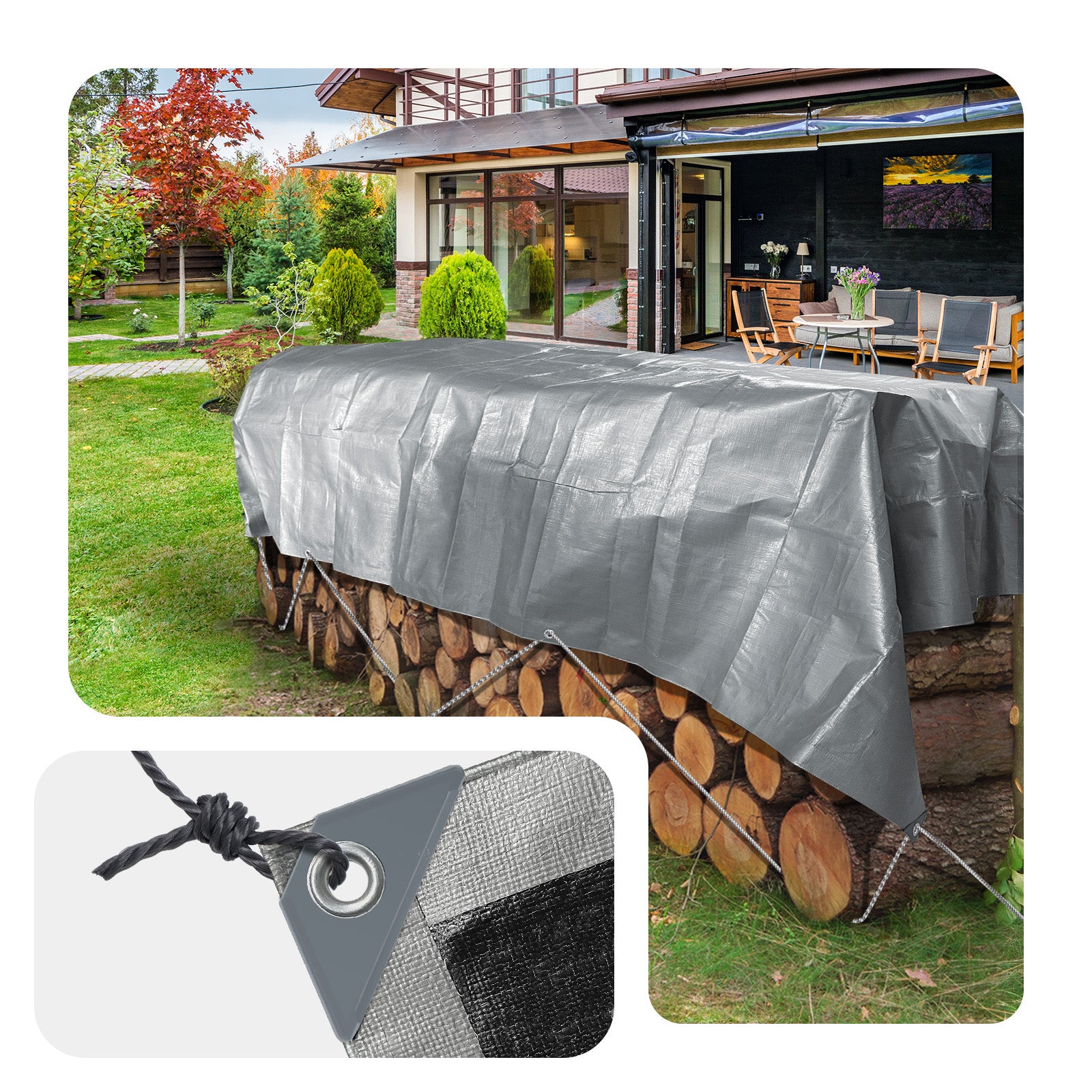 Bâche de protection en polyéthylène 180g/m² - 2x3m gris et noir - codre incluse - imperméable et anti-UV - VOUNOT® - 5