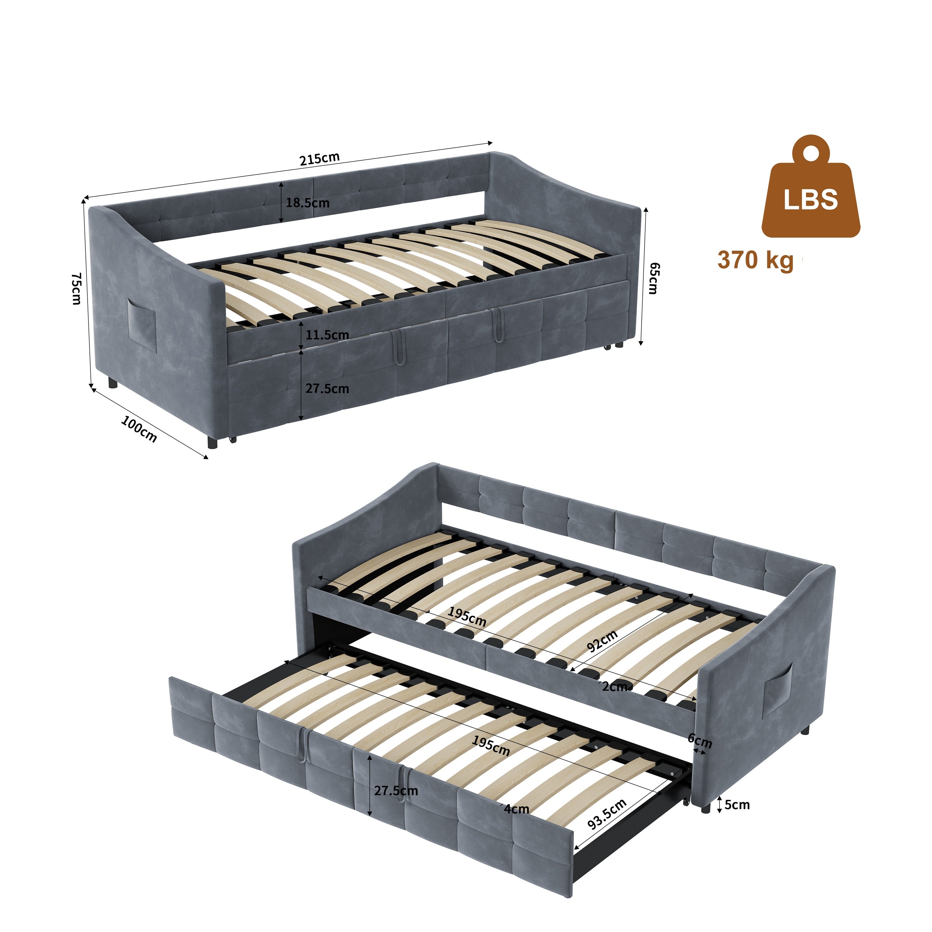 Lit gigogne 90x190/200 cm - avec poches latérales - accoudoirs - cadre à lattes - style scandinave - canapé-lit - gris - 5