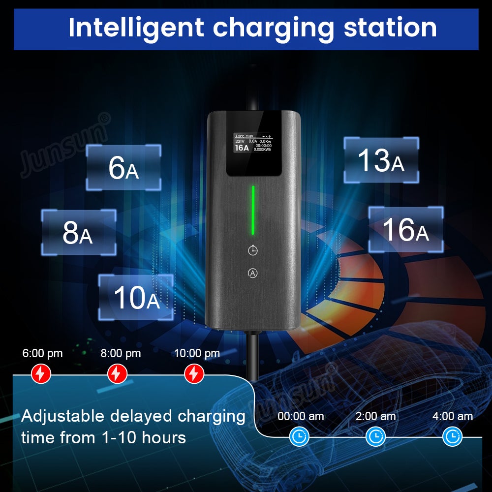 JUNSUN Carregador EV Tipo 2 Portátil 3.5kW | Corrente Ajustável 6-16A | Tomada Casa 2 Polos | IP67/CE - 5
