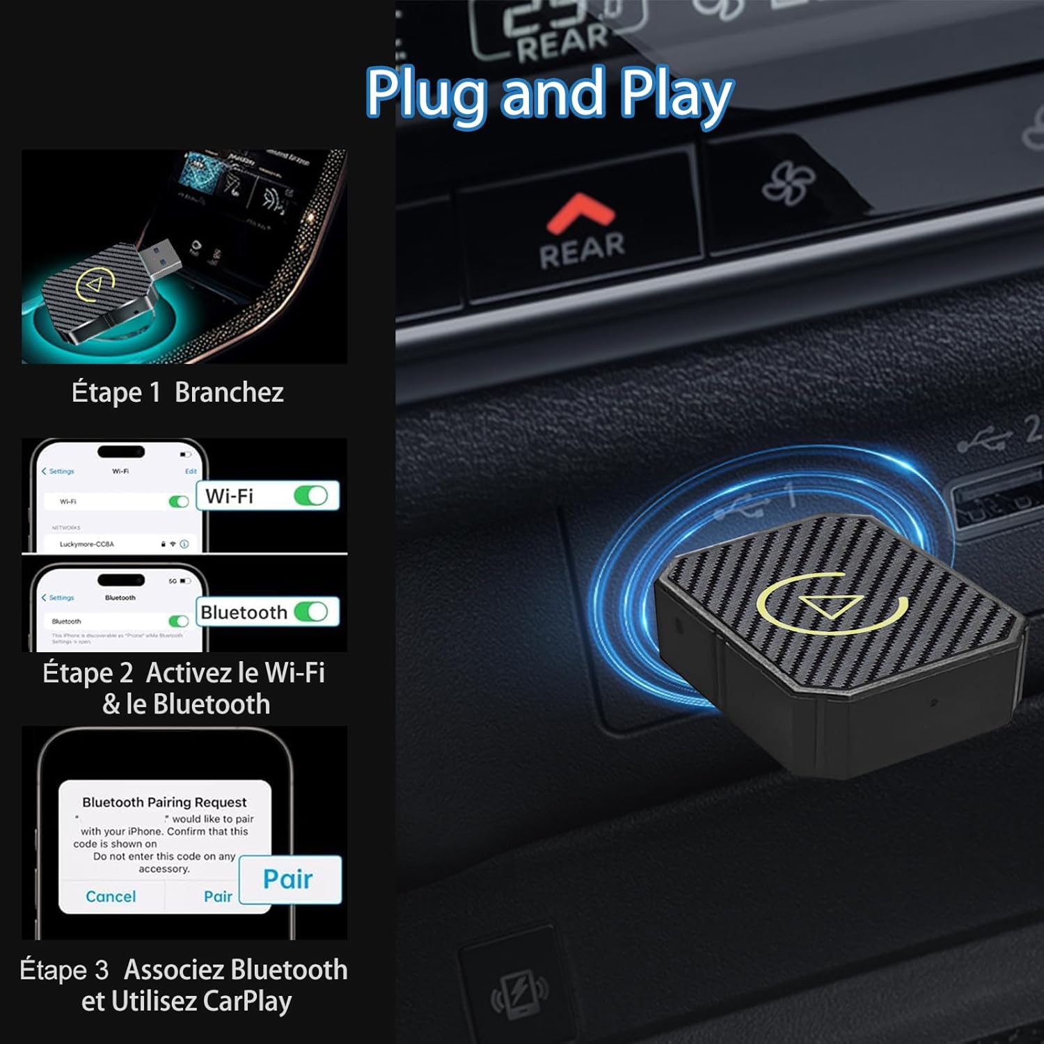 Adaptateur CarPlay sans fil avec câble d'extension USB A-C et Type-C, filaire vers sans fil, pour voitures 2016 et ultérieures et iOS 10+ - 4