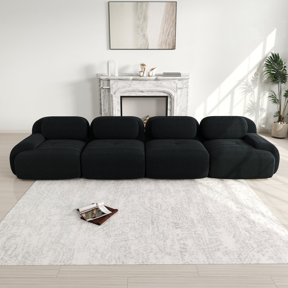 Sofa 4-osobowa, sztruksowa, tapicerka wysokoelastyczna, modułowa, nie wymaga montażu, czarna