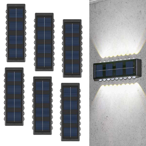 6 szt. Lampy solarne góra/dół, solarna lampa ścienna - 18 LED, światło białe, Up/Down Light, IP65, idealne na taras/do oświetlenia krajobrazu