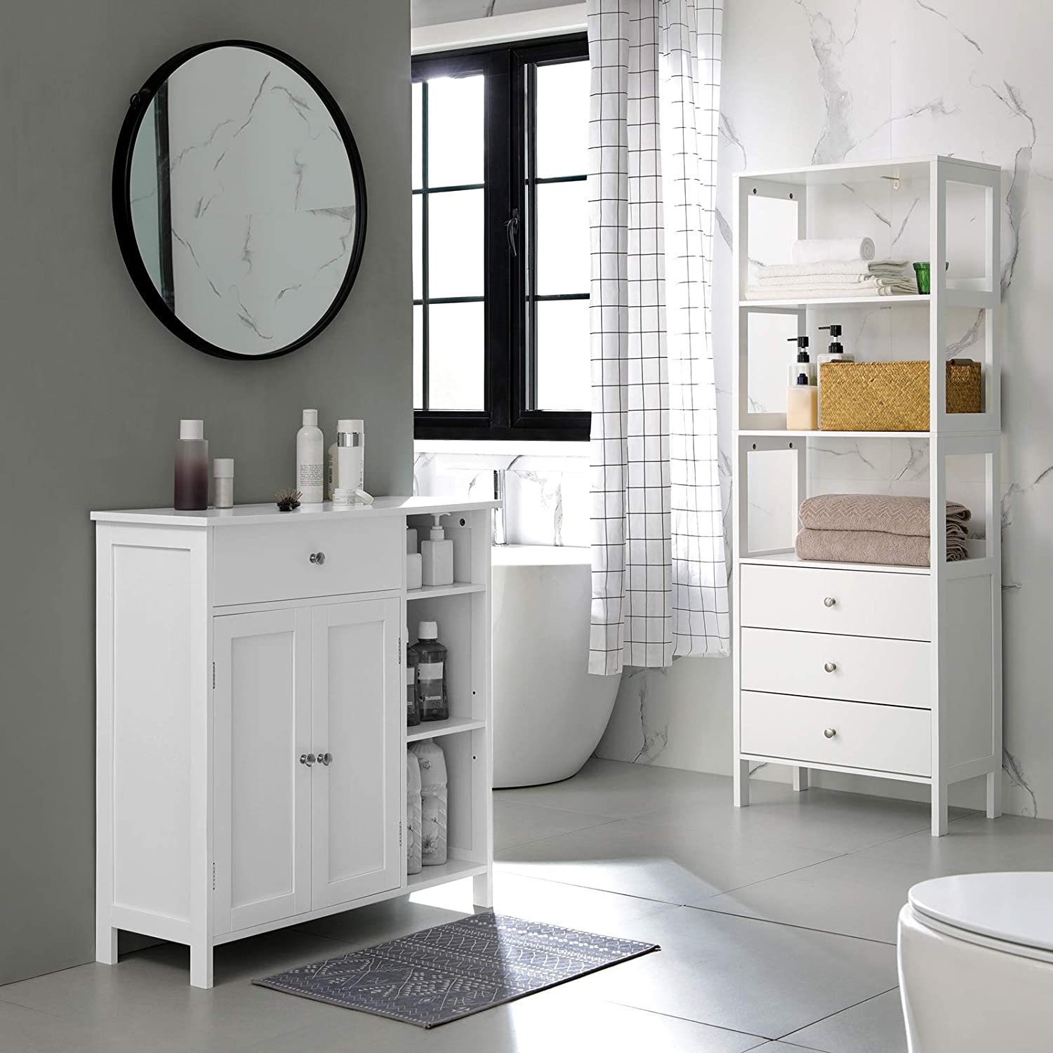 Armoire De Salle De Bain avec tiroir, 3 Compartiments Ouverts, 2 Portes, 75 x 30 x 80 cm, Blanc Mat - 2