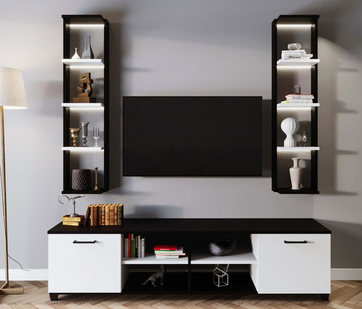 Ensemble modulable meuble TV avec bibliothèque et étagère bois blanc et ...