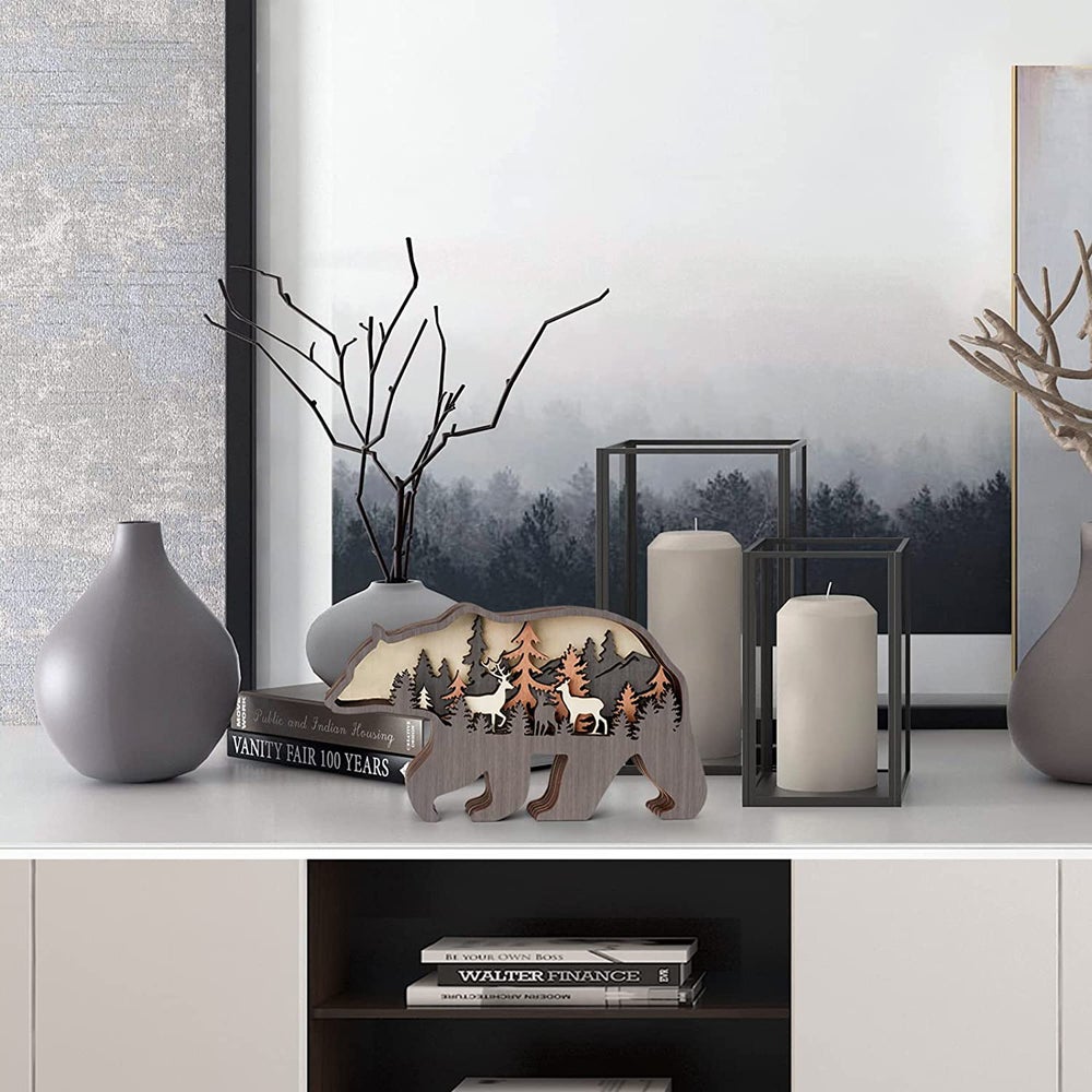 2pcs Ornements 3D en bois de Noël, figurines créatives d'animaux, ours et orignal, décoration artisanale pour salon et bureau, idée cadeau festive - 3