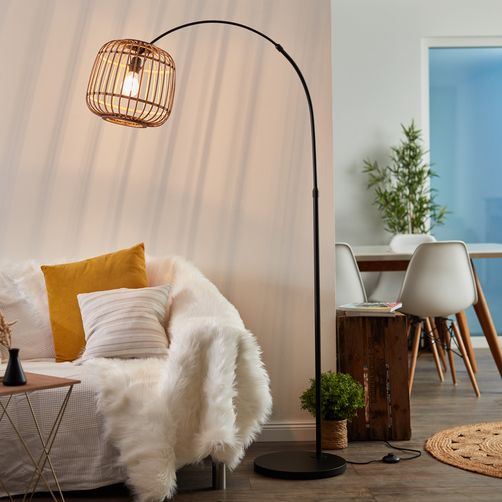 BRILLIANT Nikka lampa podłogowa łukowa 1,7m czarny/naturalny | 1x A60, E27, 40W, pasuje do zwykłych żarówek (brak w zestawie) - 2