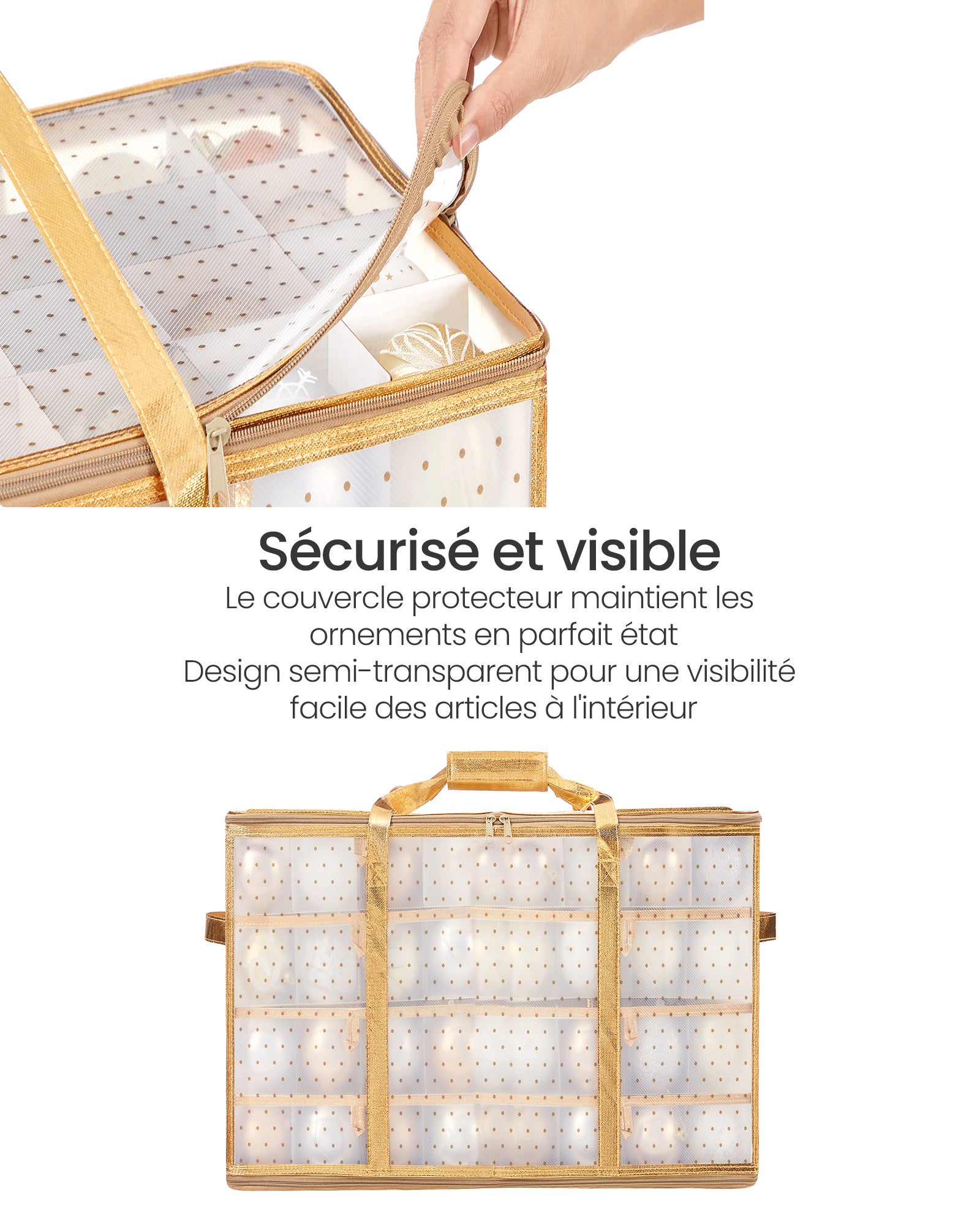 Boîtes de Rangement pour Noël, Coffre pour Boules de Noël et Décorations, 128 Compartiments, Séparateurs Modulables, 64,5 x 33,5 x 34 cm, Doré Sable - 7