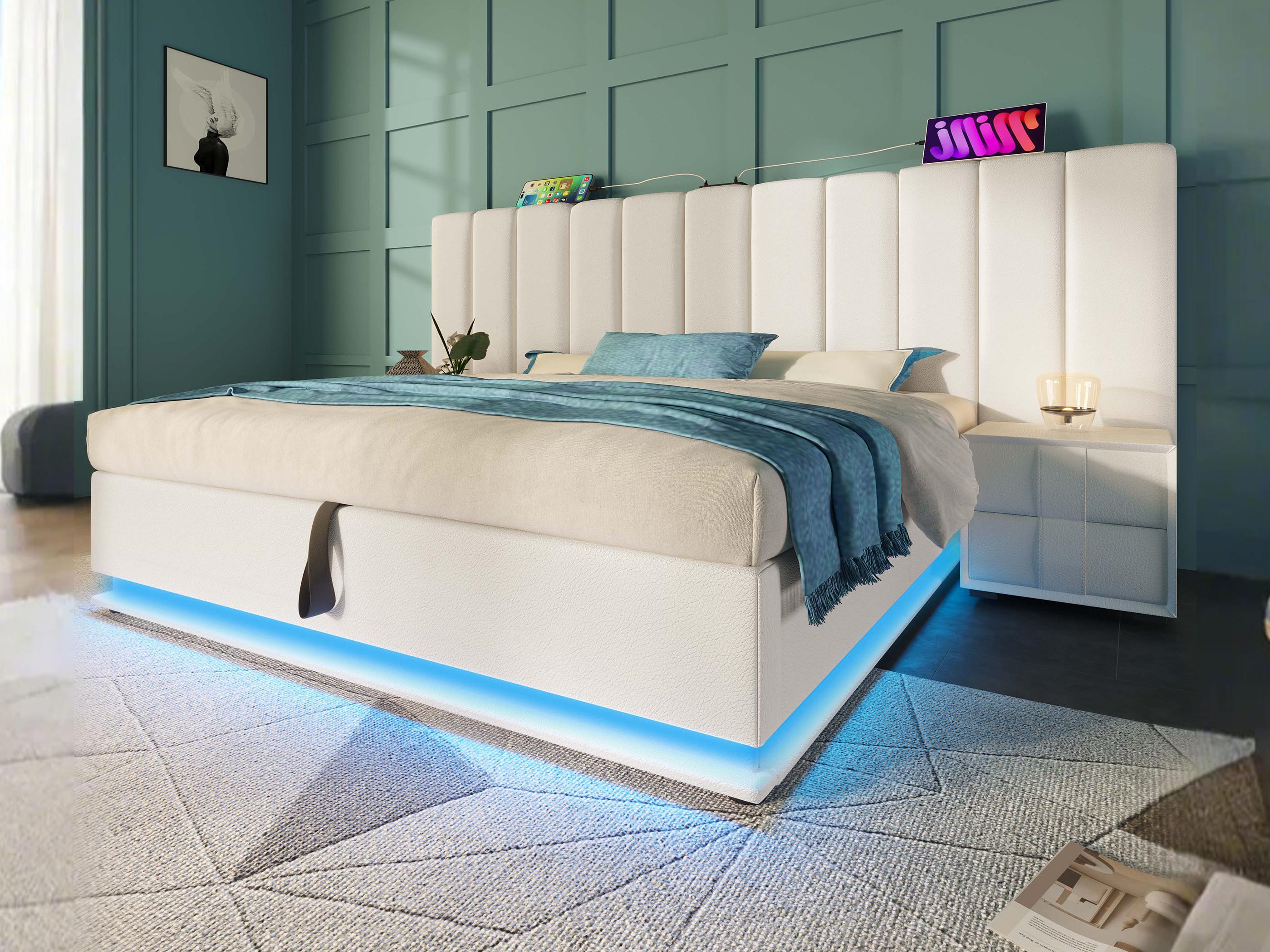 Cama Tapizada 140 X 200 Cm, Cama Flotante Con Cabecero - Cuero PU - LED - Somier De Láminas