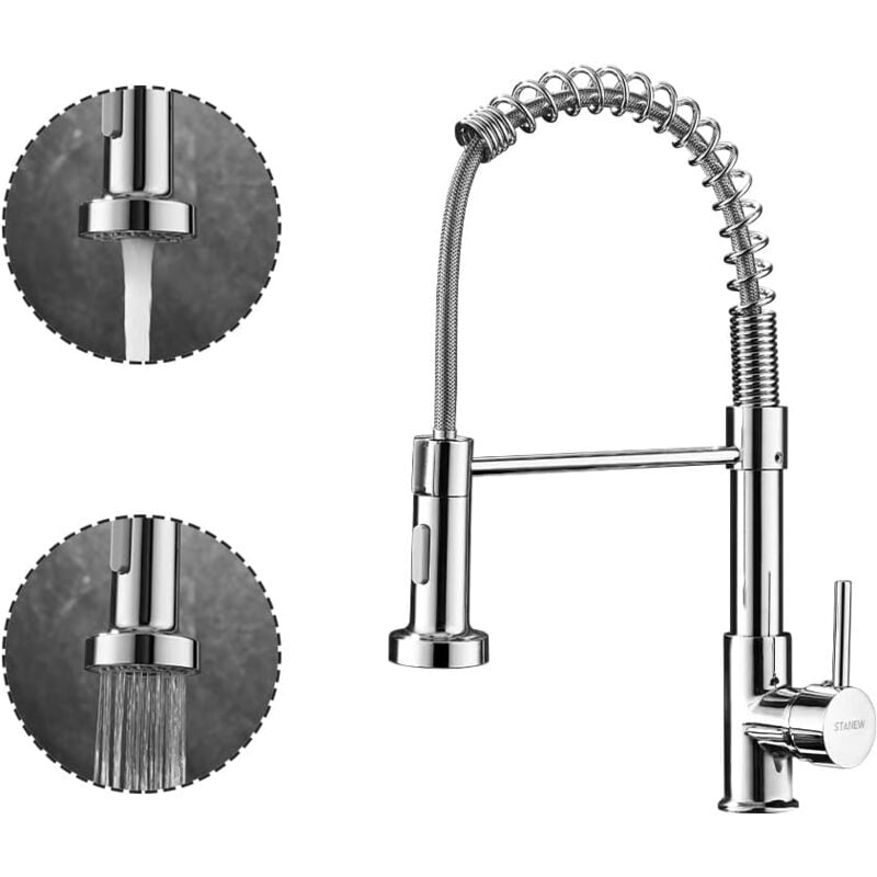 Bateria kuchenna obracana o 360° z rozpylaczem, 2 tryby rozpylania, bateria kuchenna sprężynowa. (Srebrna, Mała)