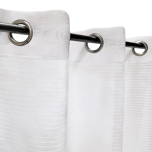 Rideau Voilage à œillets rayures ajourées en haut 140x240cm prêt à poser, blanc.