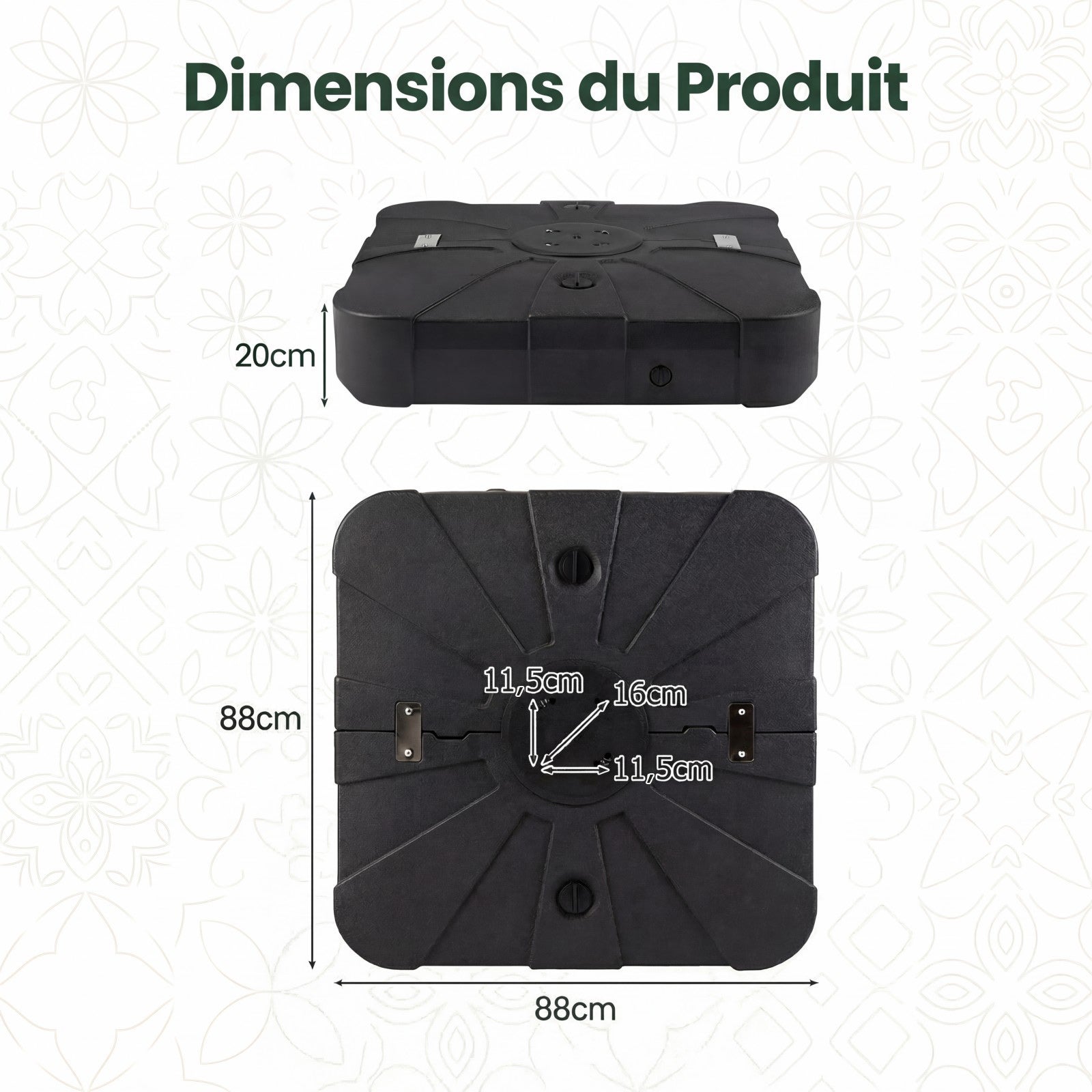 Pied de Parasol Déporté avec roulettes, Base de Parasol en HDPE Portable, Remplissable Eau & Sable 170 KG pour Jardin Terrasse Patio, Noir 88x88x20cm - 3
