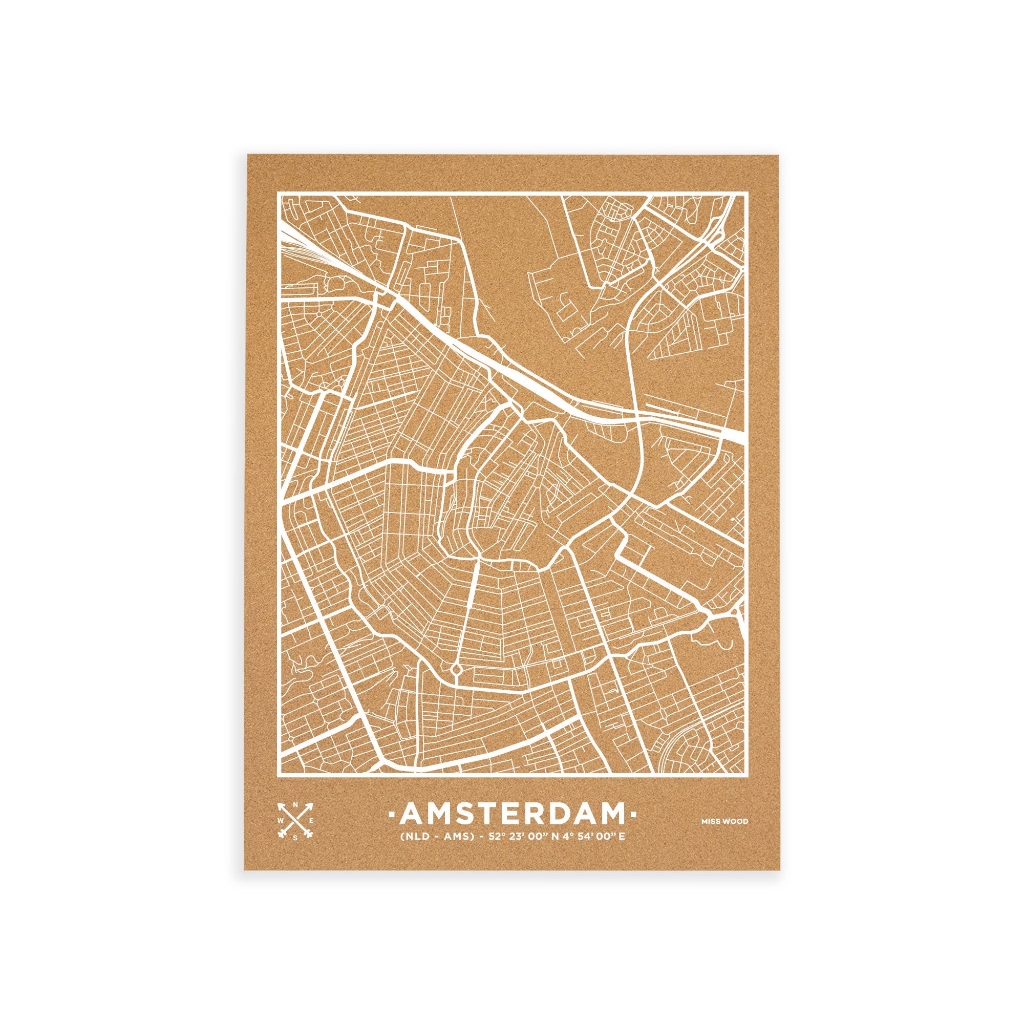 Mapa de corcho - woody map natural amsterdam / 60 x 45 cm / blanco / sin marco