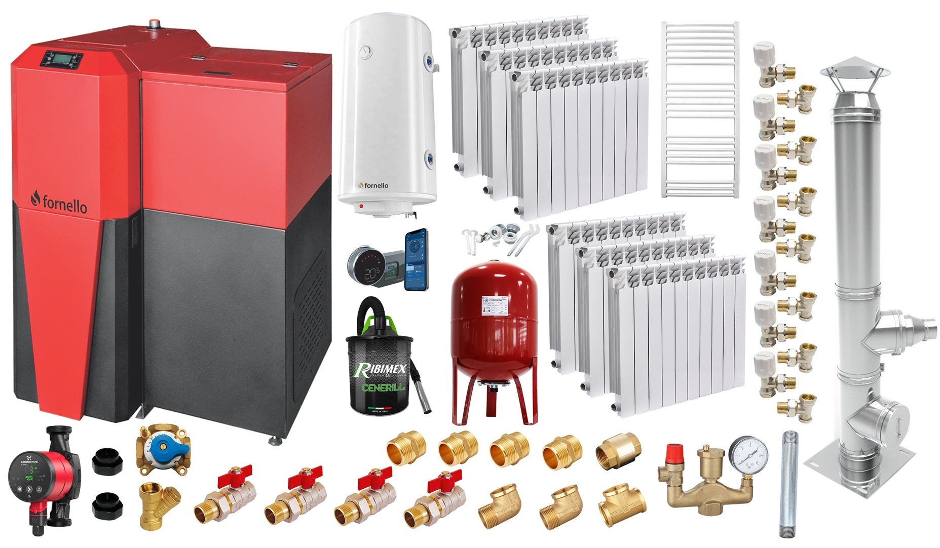 Pachet centrală mixtă Fornello Tera 28 kW, calorifere aluminiu, coș inox, boiler, pentru 180 mp