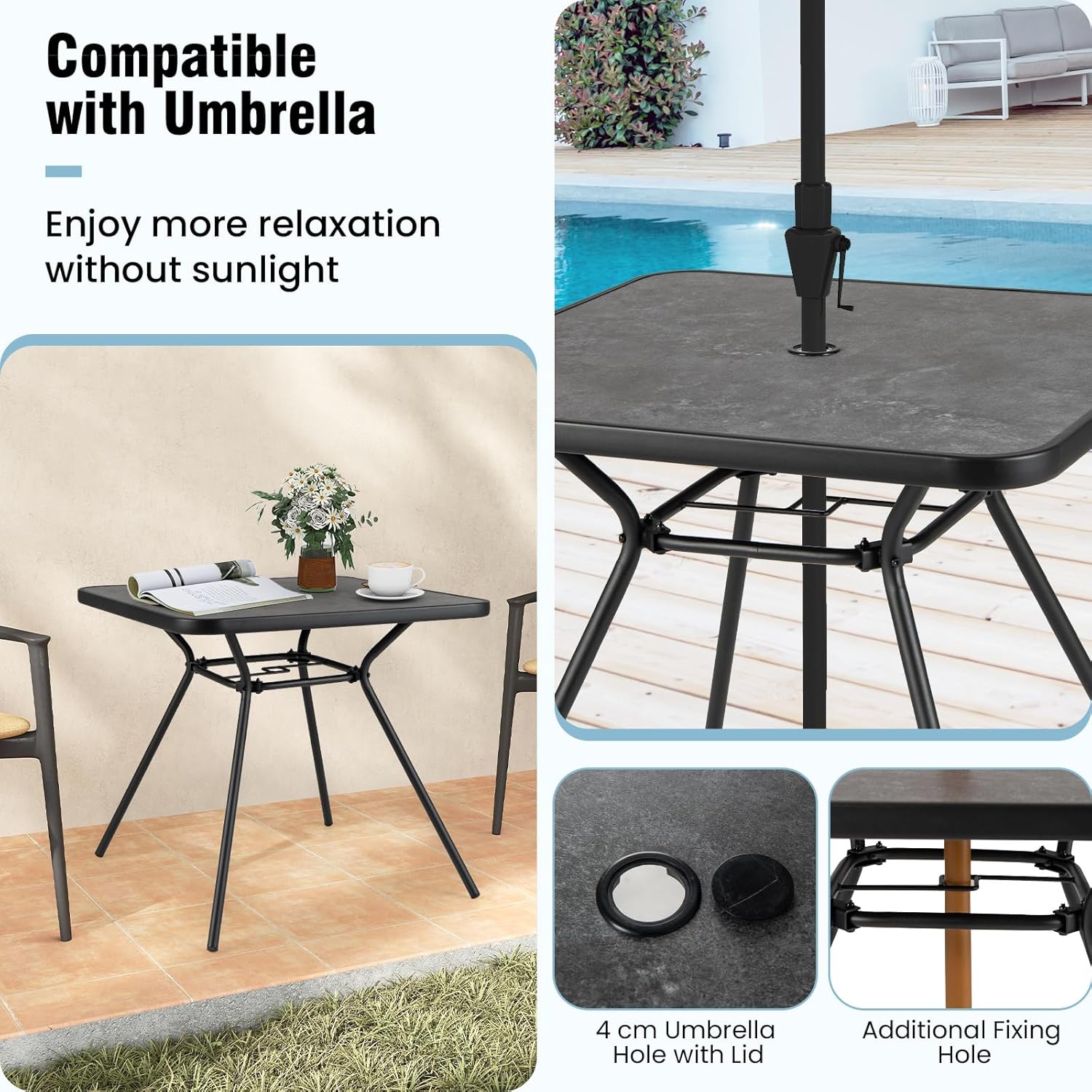 Table de Jardin Carrée 80 CM avec Trou de Parasol 4 CM, Cadre en Métal Robuste, Table Balcon Exterieur Style Moderne avec Dessus SPC, Charge 100KG - 4