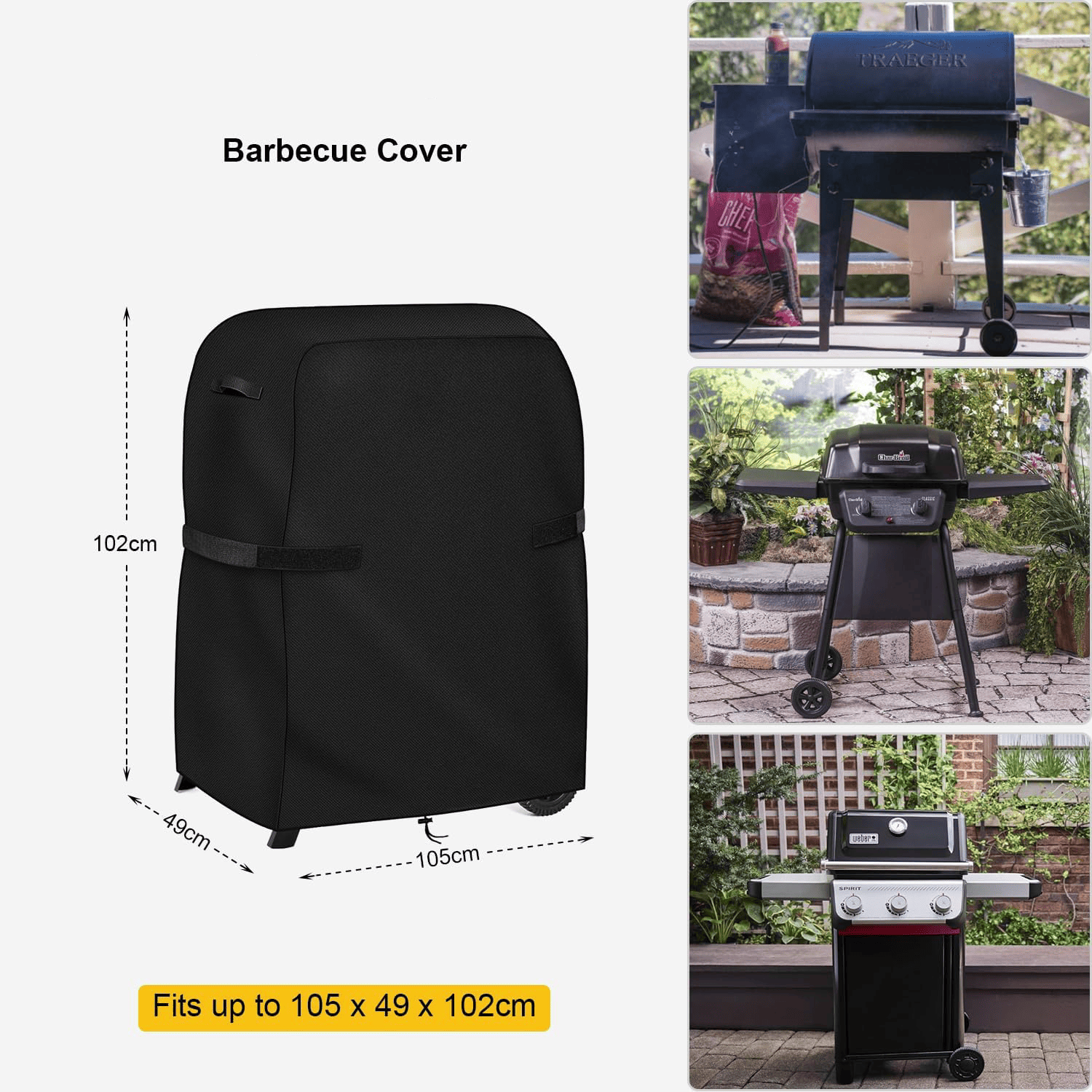RICHIE Copertura per barbecue, copertura per barbecue da esterni, 183 x 66 x 130 cm, 420 denari, resistente, impermeabile, con velcro, antivento, resistente ai raggi UV e antistrappo, colore nero