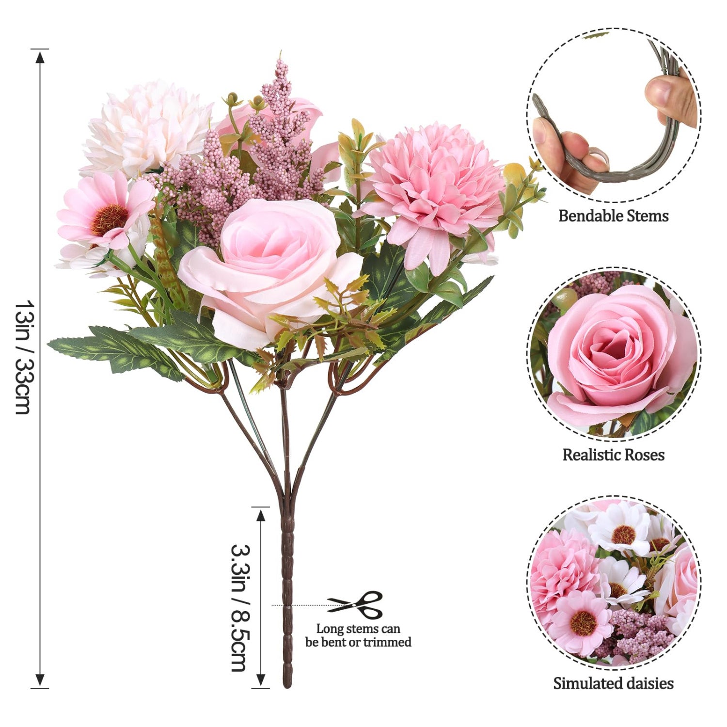 Lot de 4 bouquets de roses artificielles, 33 cm, roses en soie réalistes, pour décoration de table, cuisine, maison, rose - 2